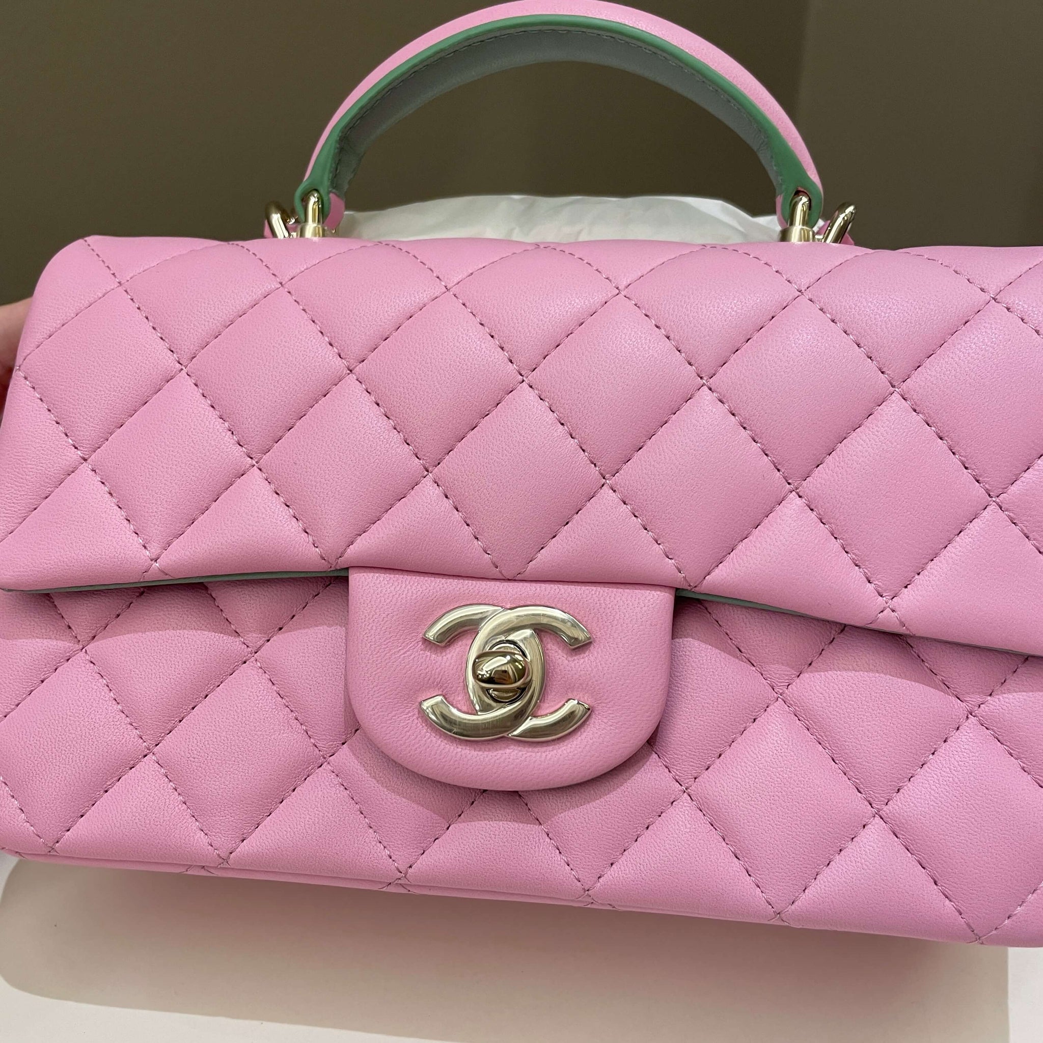 Chanel 23P Quilted Top Handle Mini Rectangular Candy Pink / Apple Green Lambskin