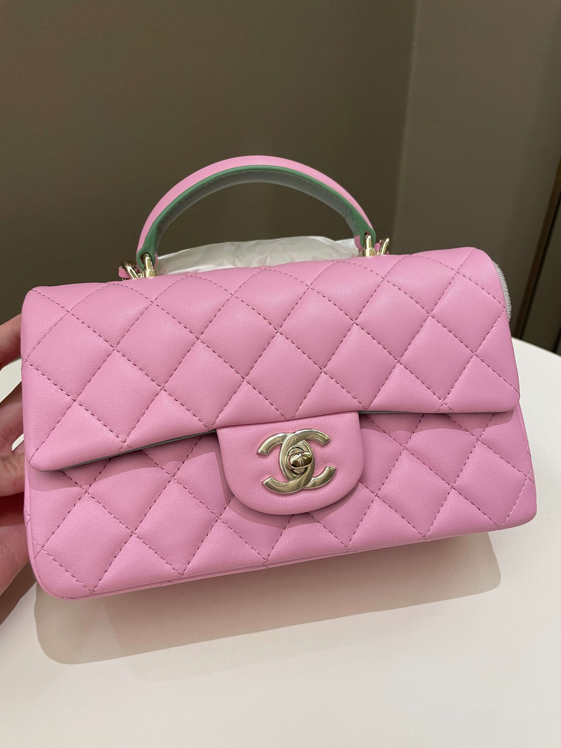 Chanel 23P Quilted Top Handle Mini Rectangular Candy Pink / Apple Green Lambskin