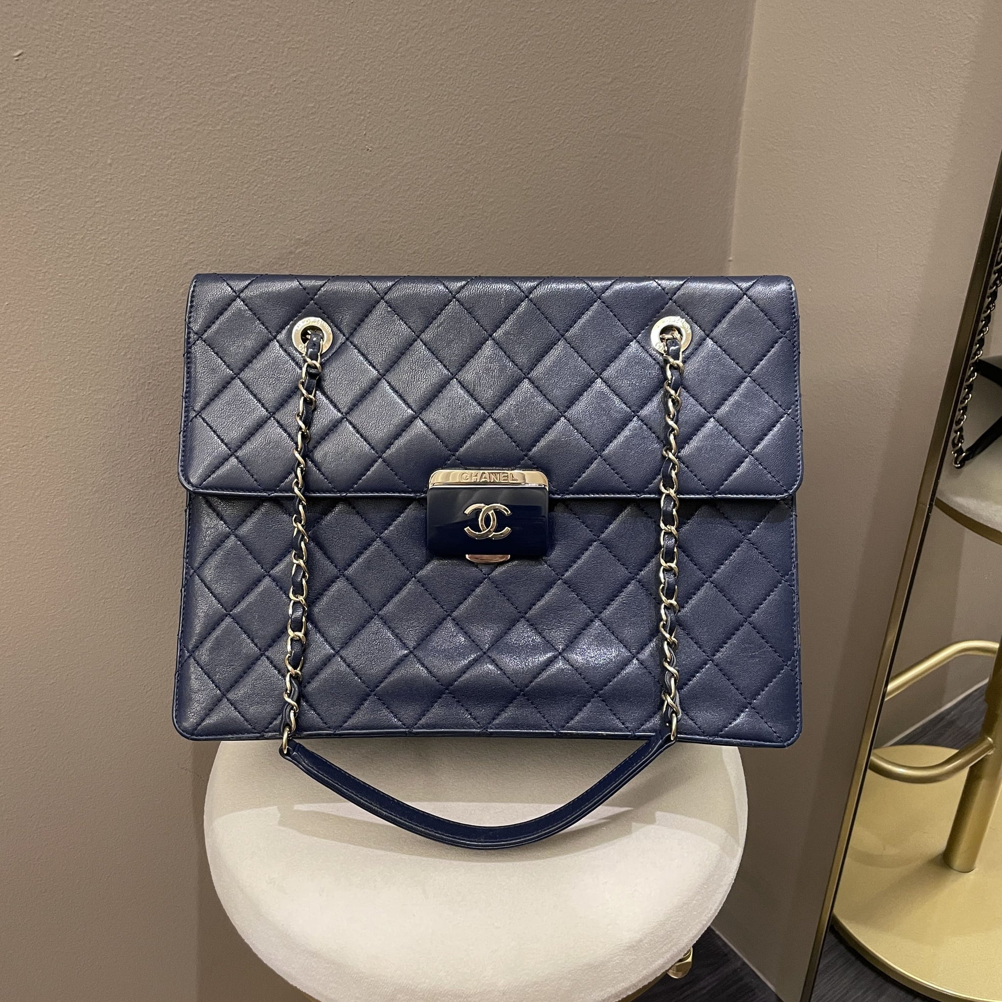 Chanel Quilted Large Shopper Tote Blue Grainy Goatskin