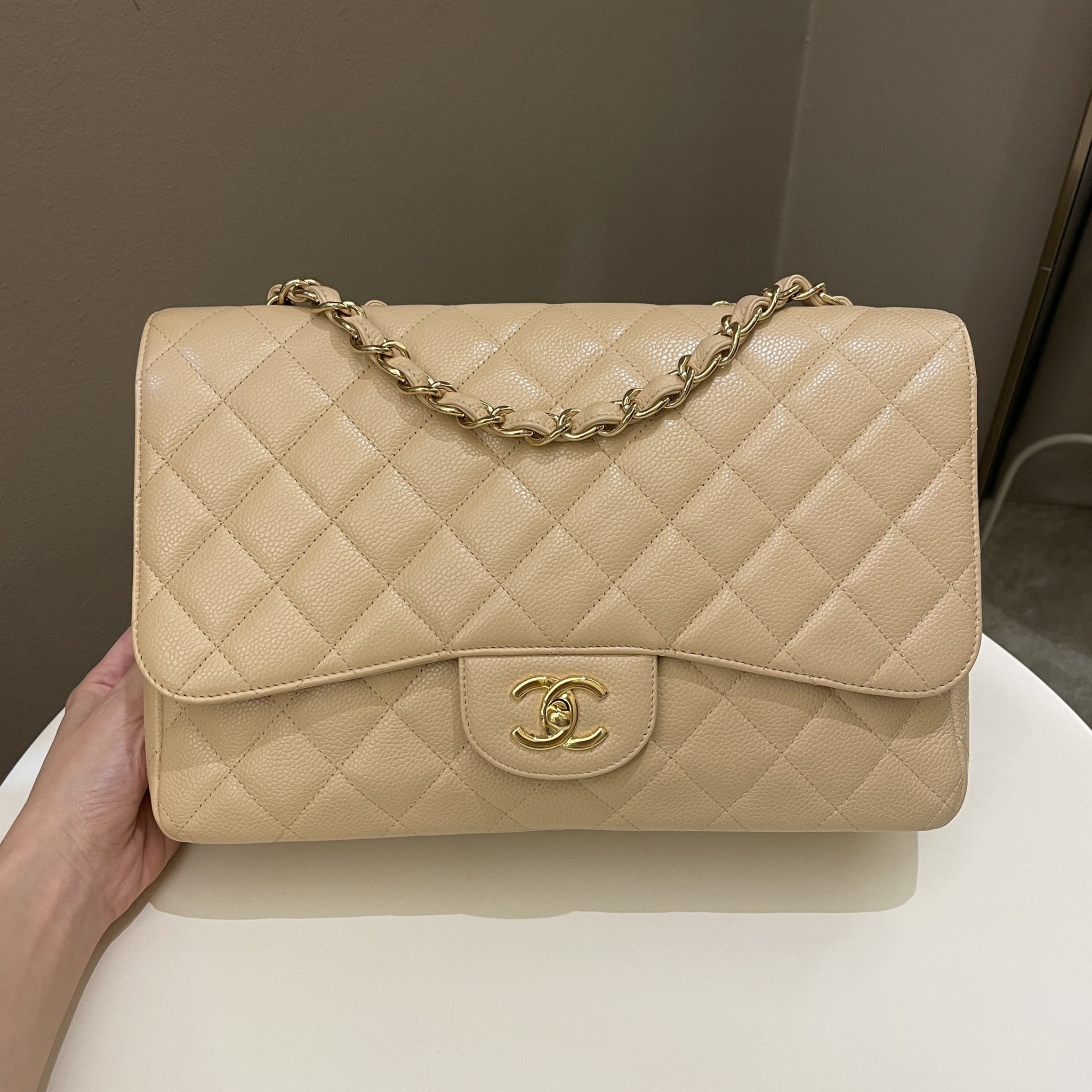 Chanel Classic Quilted Jumbo Single Flap Beige Caviar