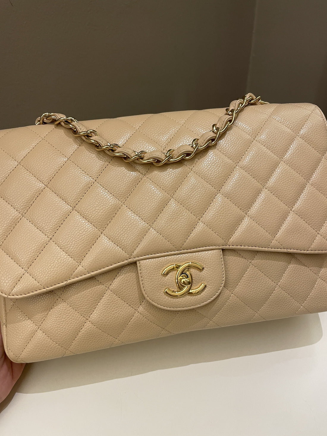 Chanel Classic Quilted Jumbo Single Flap Beige Caviar