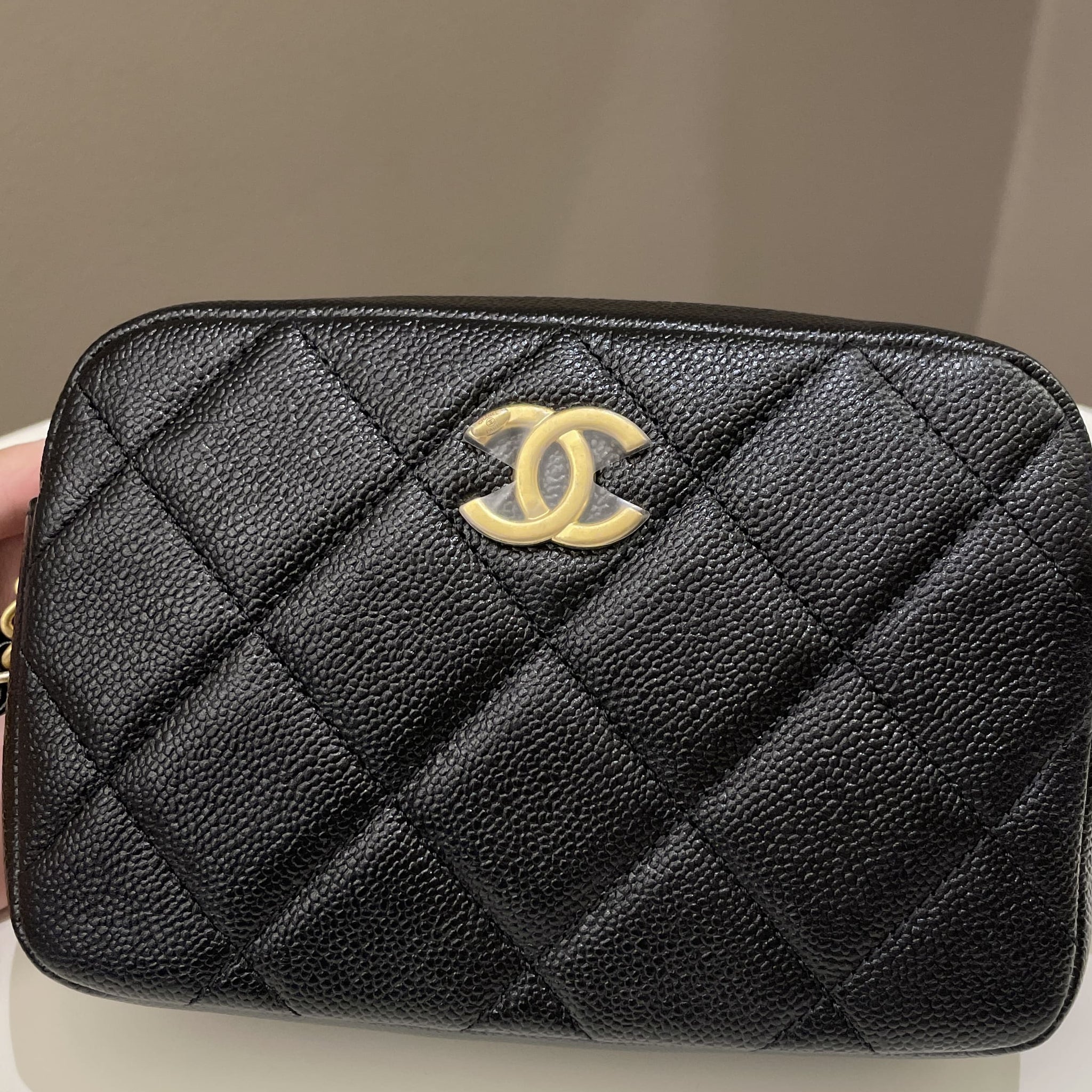 Chanel 22P Quilted Camera Sling Bag Black Caviar