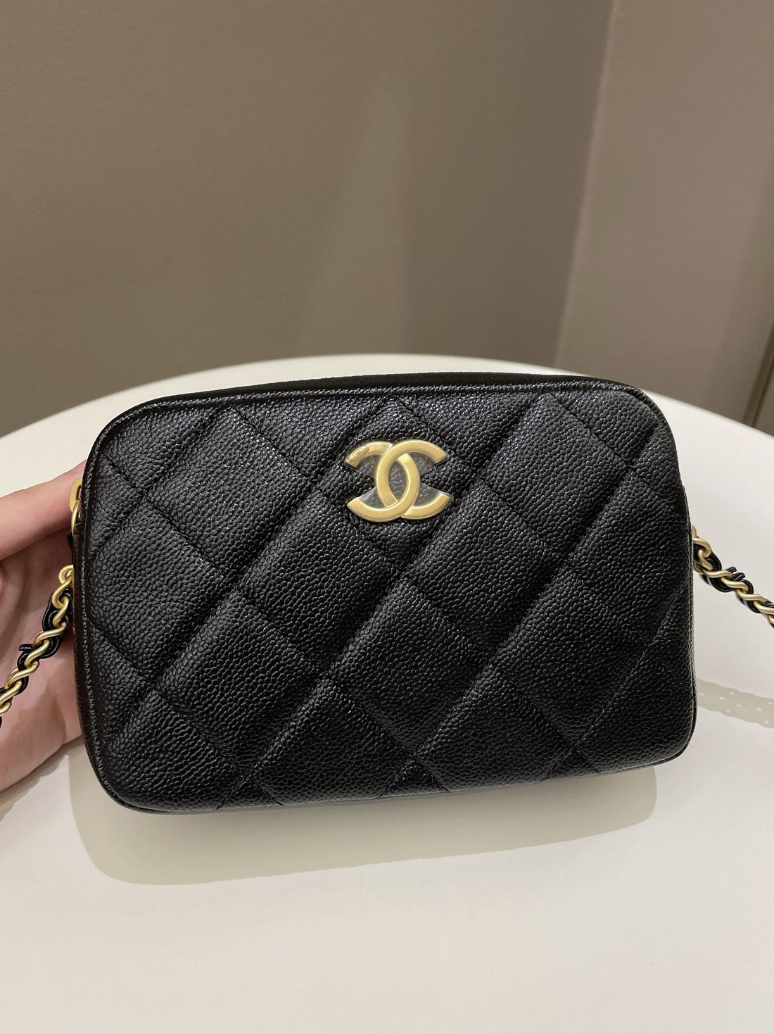 Chanel 22P Quilted Camera Sling Bag Black Caviar