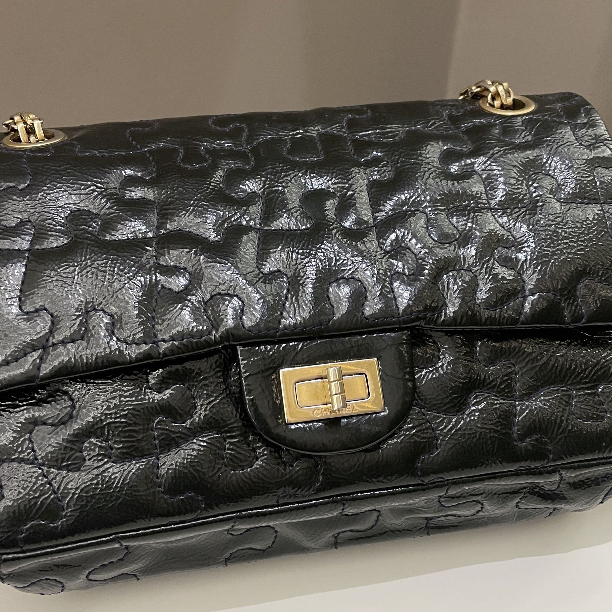 Chanel 2.55 225 Puzzle Reissue Double Flap Dark Blue Patent