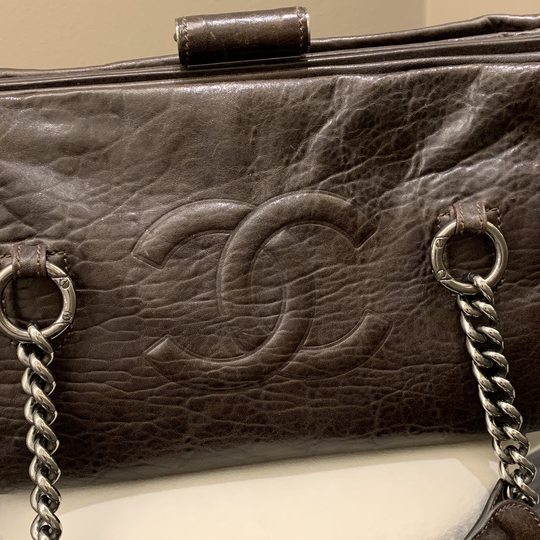 Chanel 07A Cc Shopper Tote Marron Fonce Grainy Leather