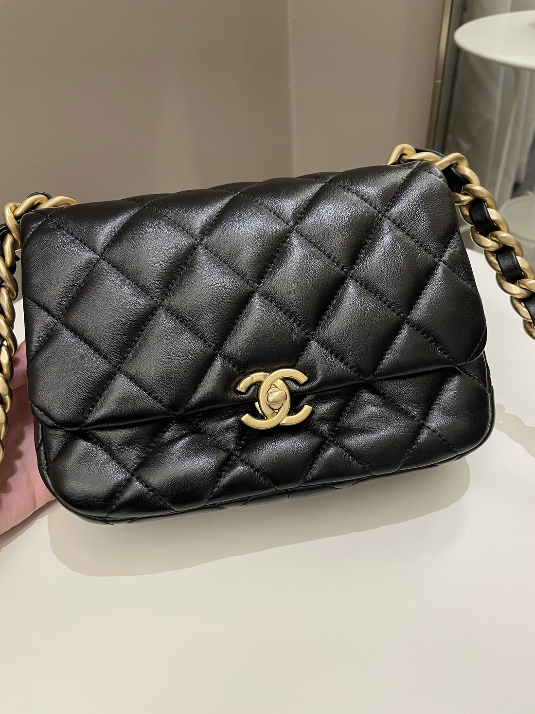 Chanel 22S Quilted Lacquered Chain Flap Bag Black Lambskin