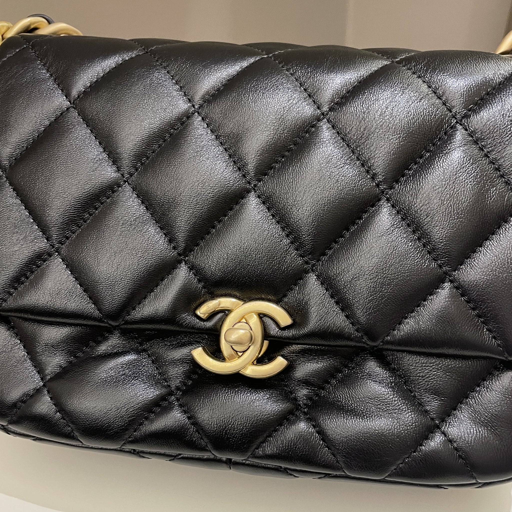 Chanel 22S Quilted Lacquered Chain Flap Bag Black Lambskin