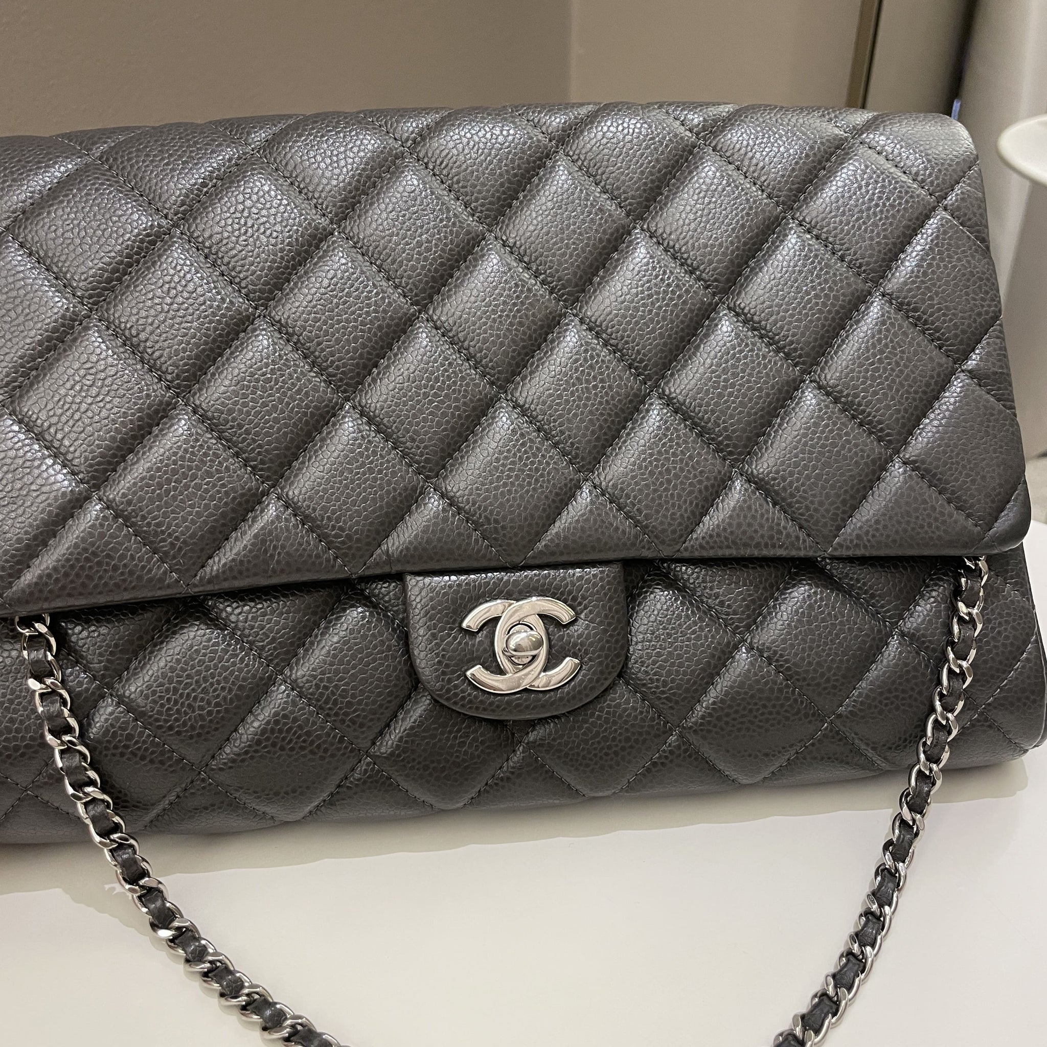 Chanel Quilted Timeless Flap Clutch Bag Grey Caviar