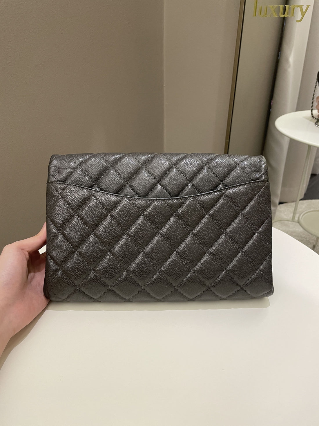 Chanel Quilted Timeless Flap Clutch Bag Grey Caviar