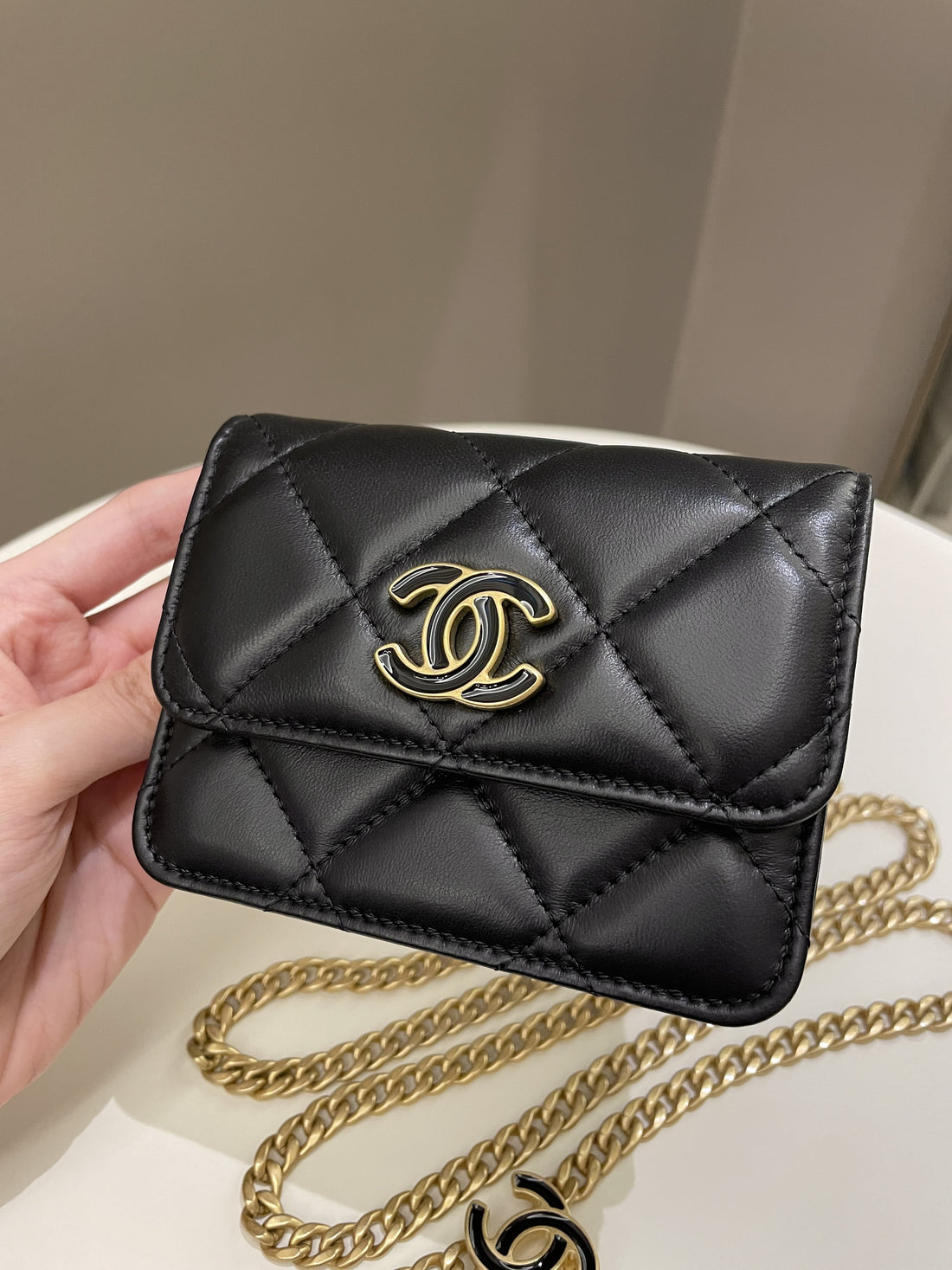 Chanel 22P Pending Belt Clutch Chain Black Lambskin