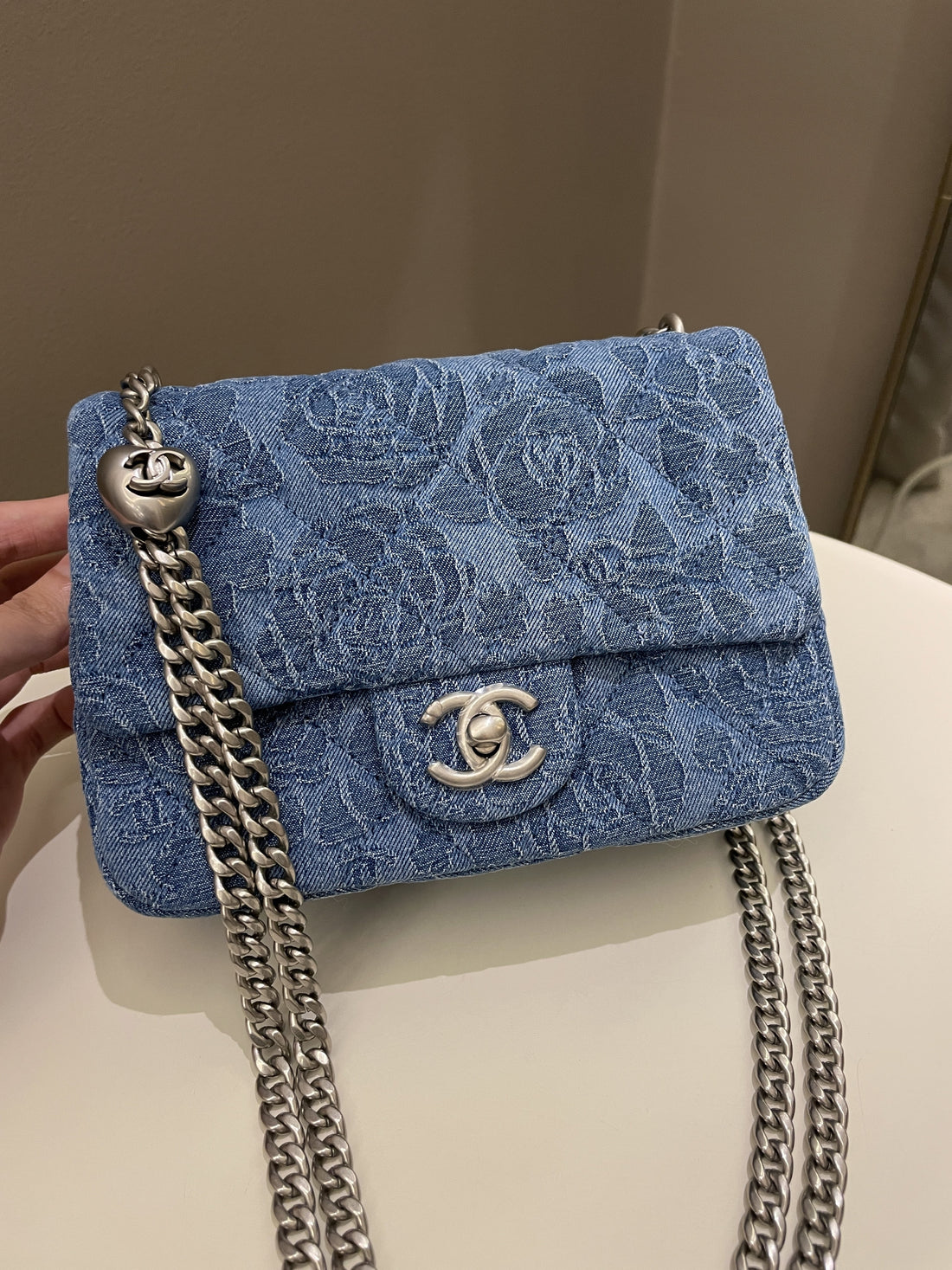 Chanel 23P Camellia Sweet Heart Mini Flap Blue Denim
