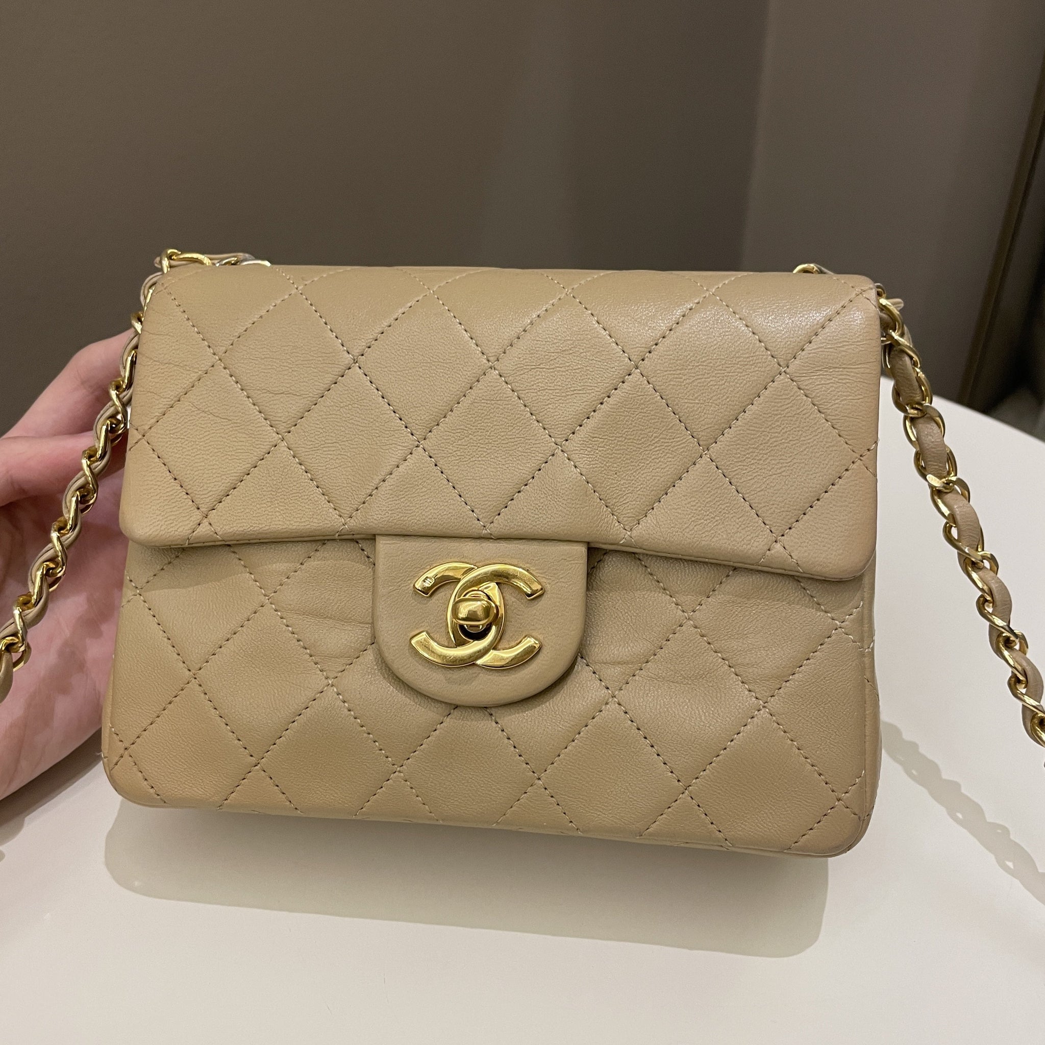 Chanel Vintage Classic Quilted Mini Square Beige Lambskin