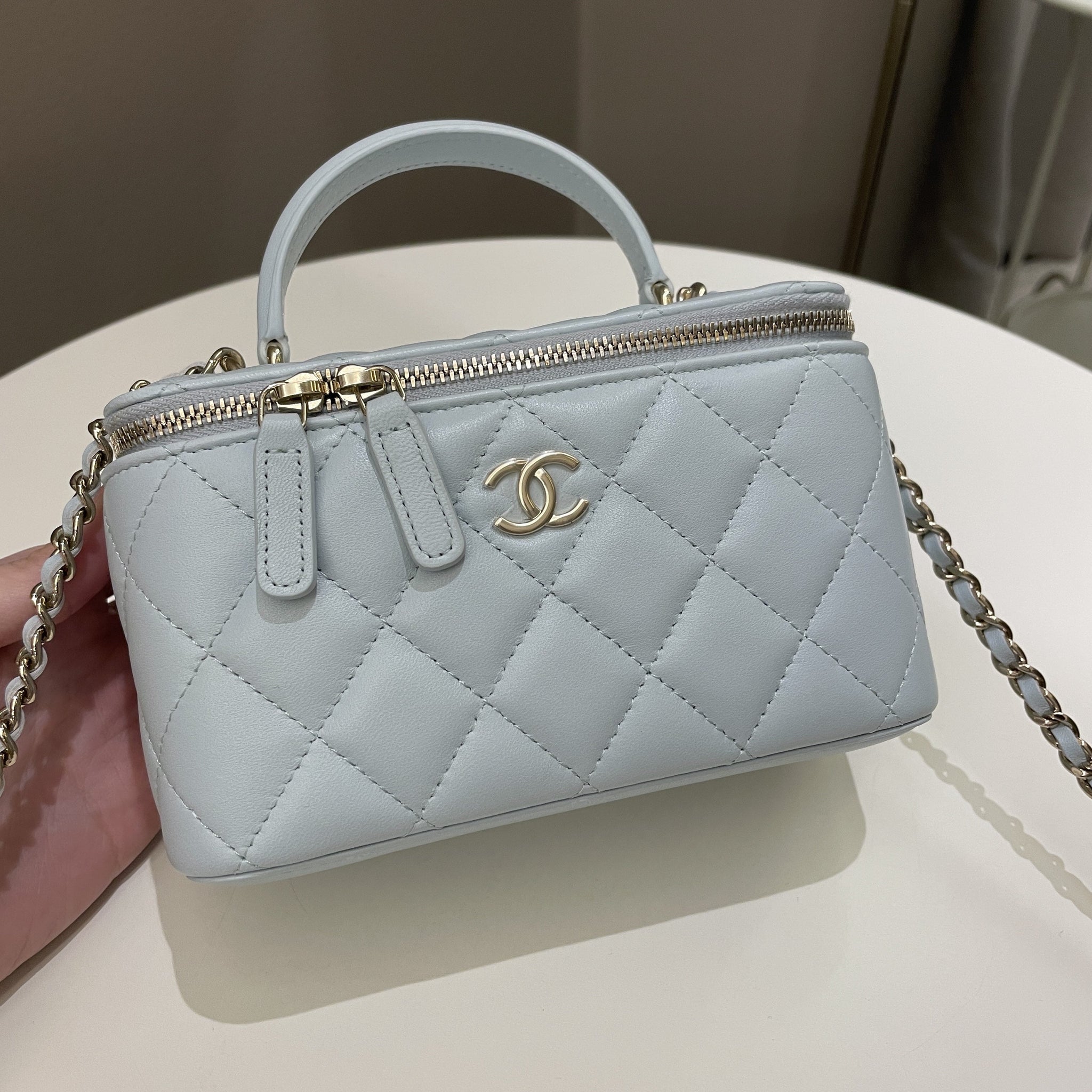 Chanel 21K Top Handle Vanity Rectangular Baby Blue Lambskin