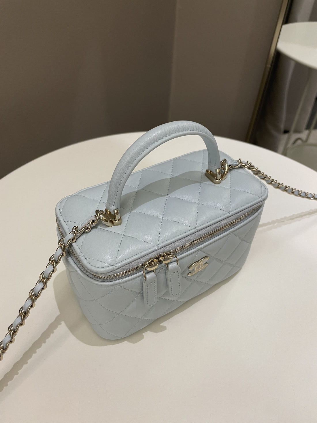 Chanel 21K Top Handle Vanity Rectangular Baby Blue Lambskin