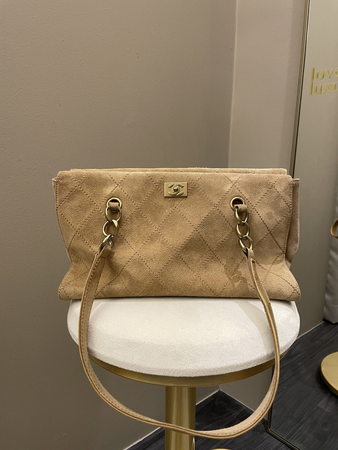 Chanel Vintage Quilted Shoulder Tote Camel Suede
