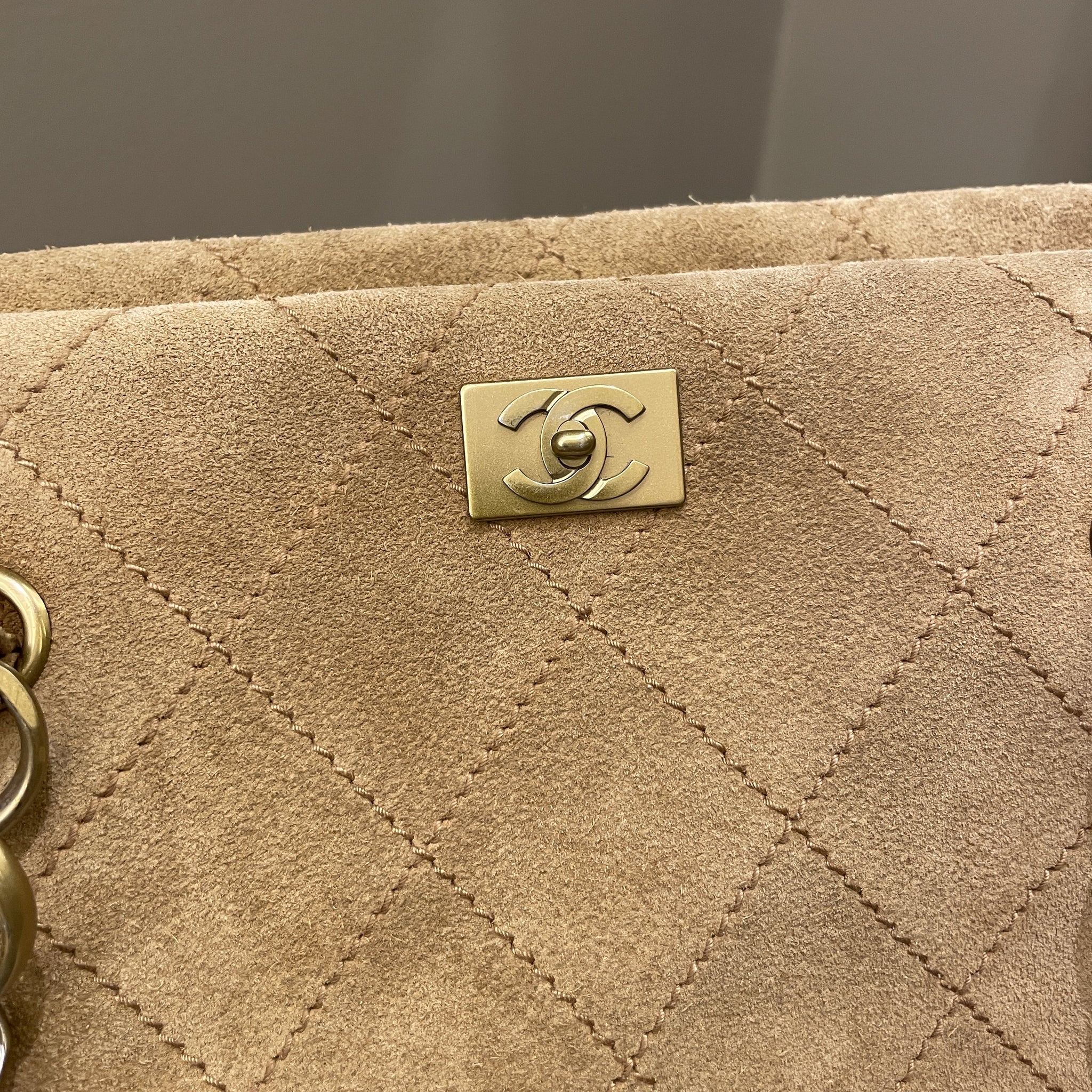 Chanel Vintage Quilted Shoulder Tote Camel Suede