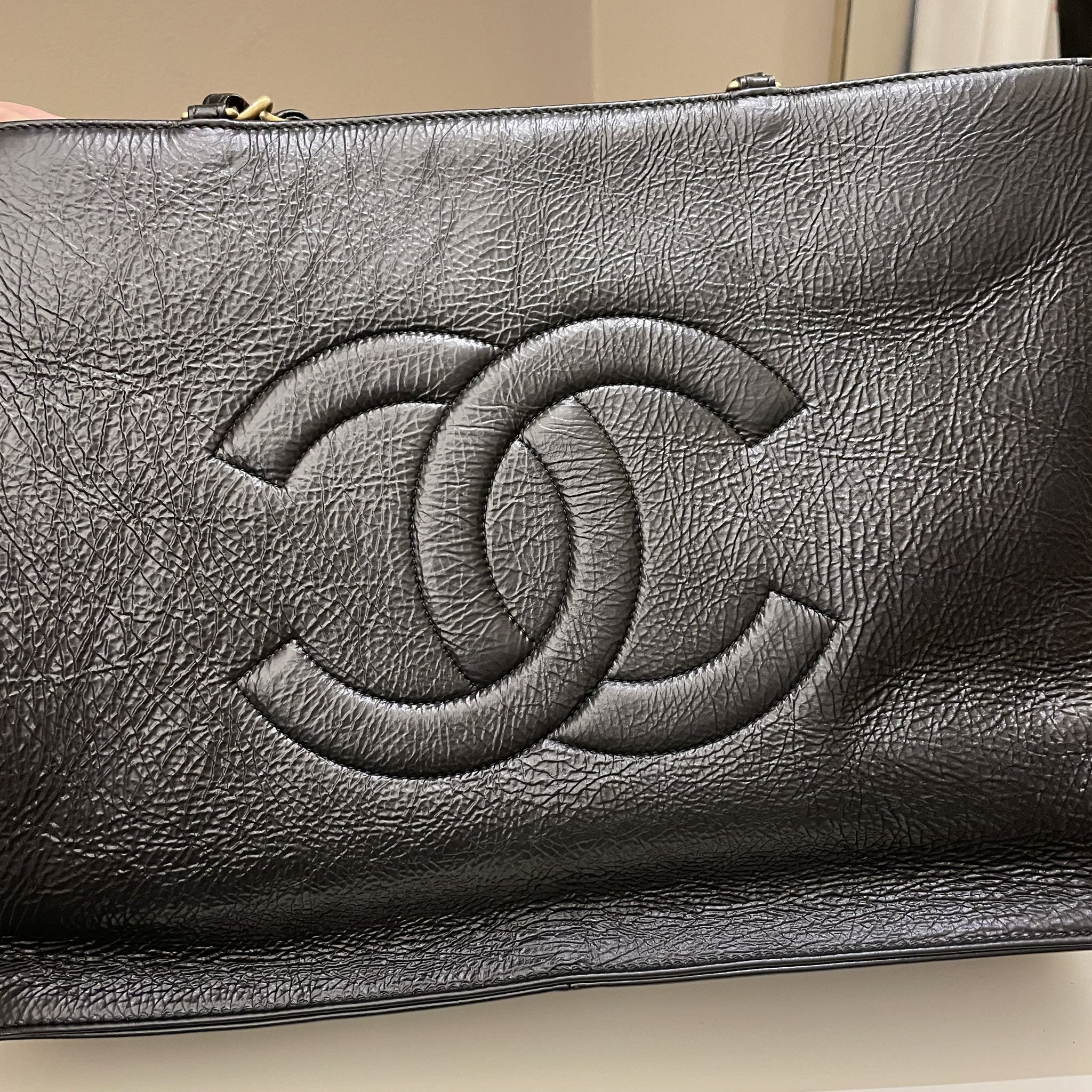 Chanel Timeless CC Shoulder Tote Black Aged Calfskin