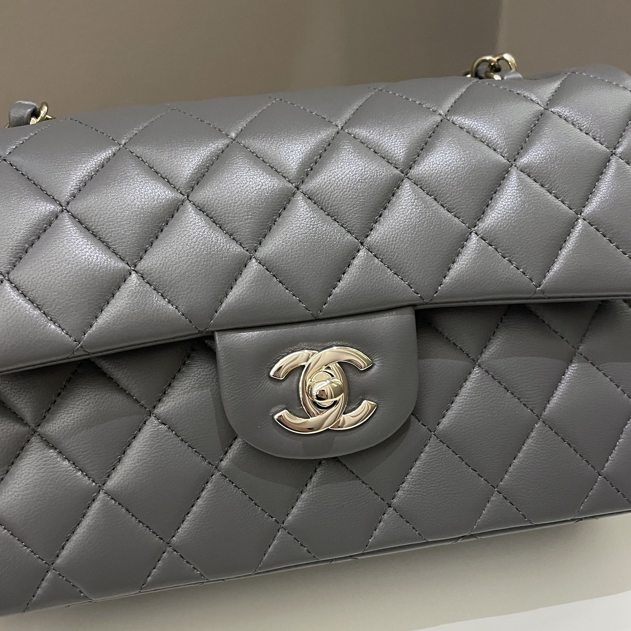 Chanel 22A Classic Quilted Small Double Flap Dark Grey Lambskin