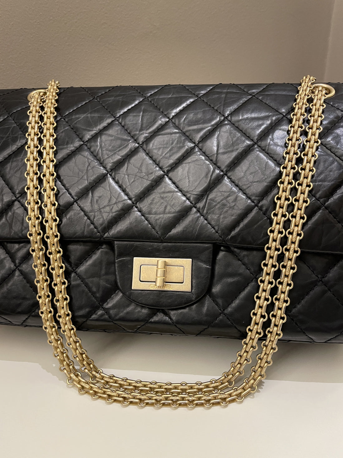 Chanel 2.55 227 Quilted Reissue Double Flap Black Aged Calfskin