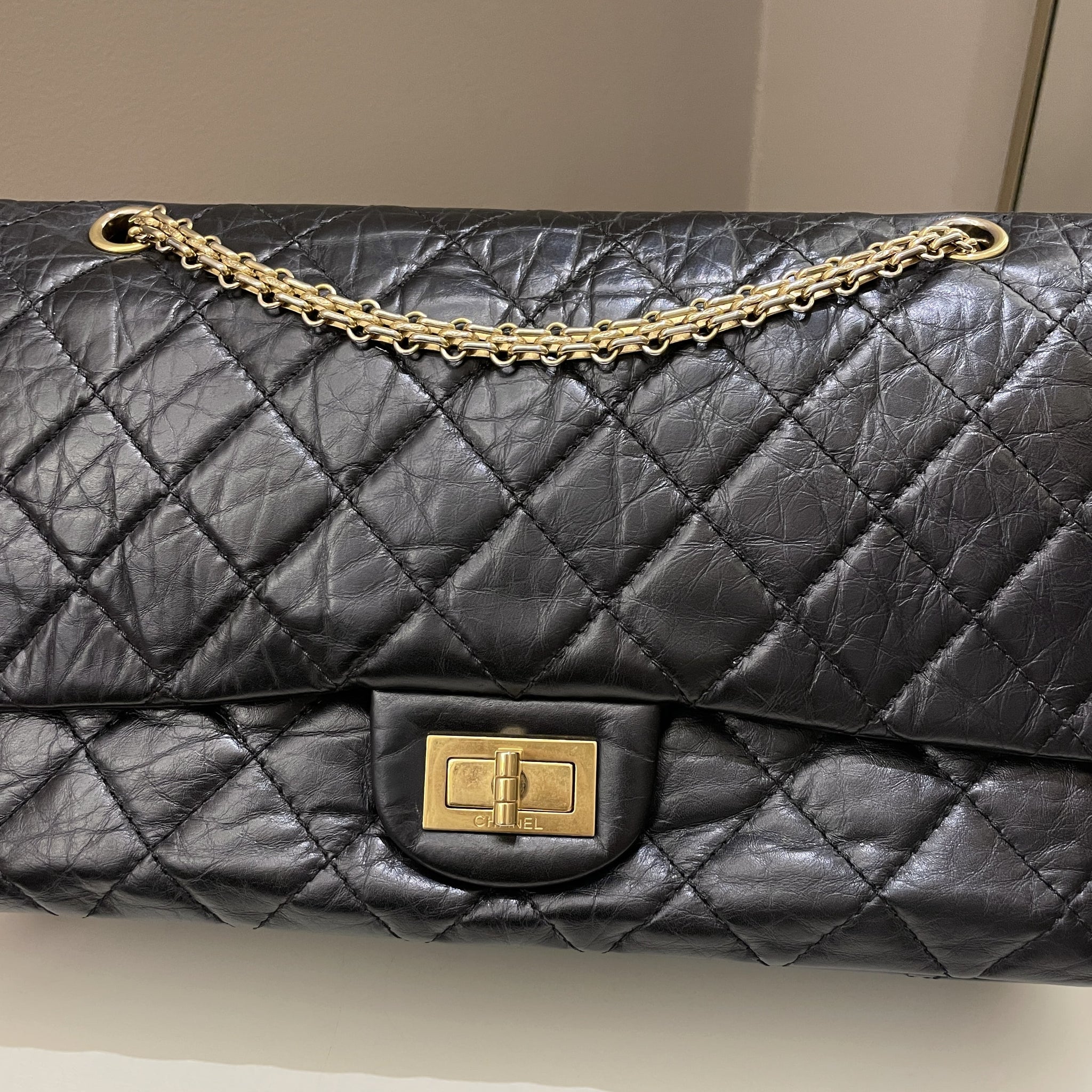 Chanel 2.55 227 Quilted Reissue Double Flap Black Aged Calfskin