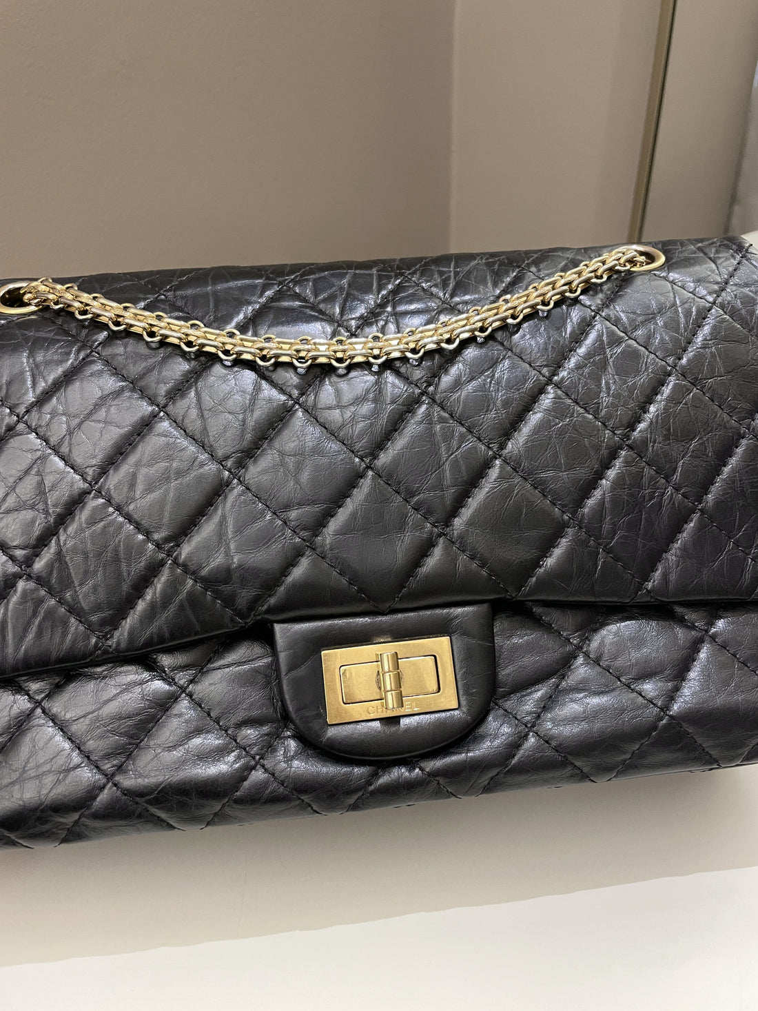 Chanel 2.55 227 Quilted Reissue Double Flap Black Aged Calfskin