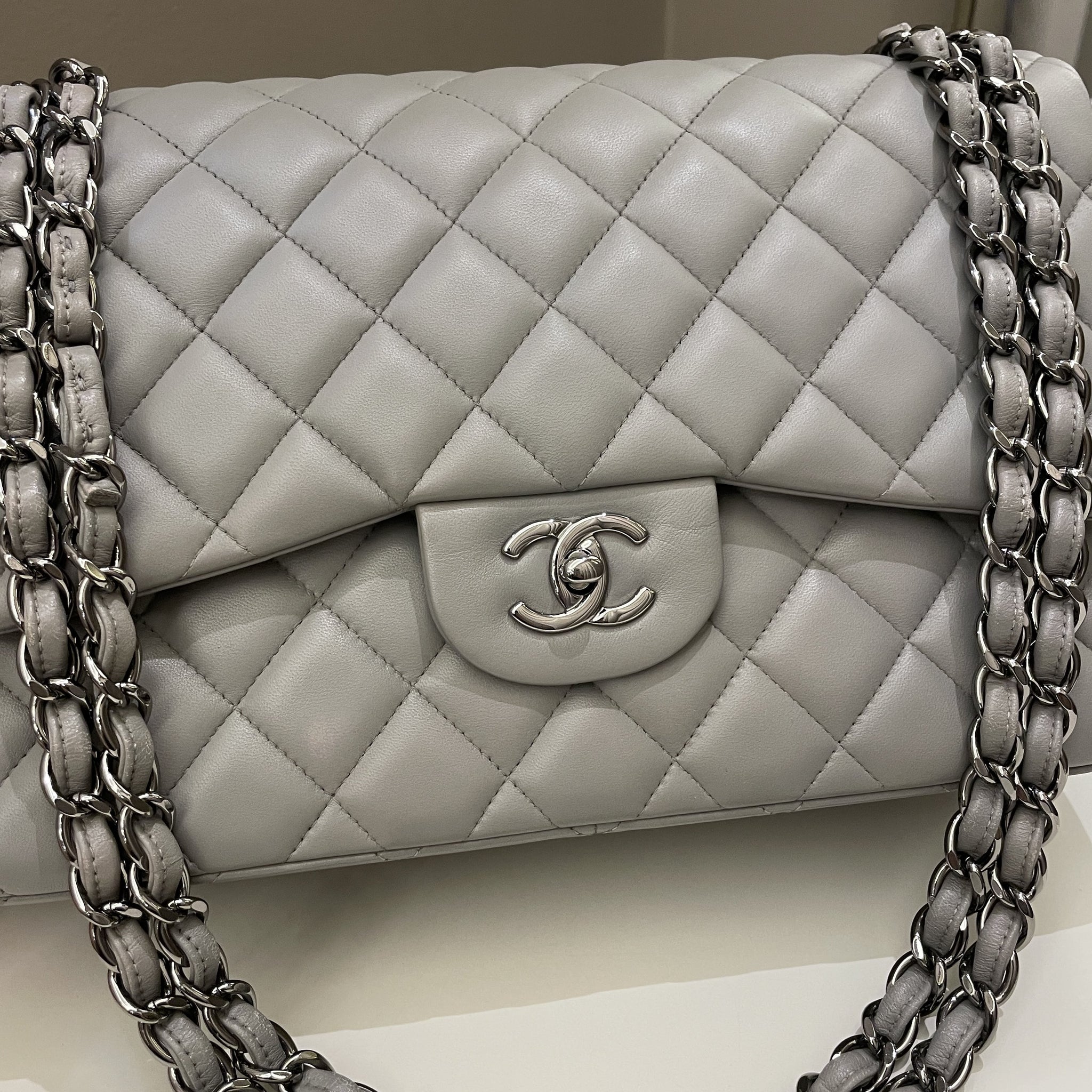 Chanel Classic Quilted Jumbo Double Flap Grey Lambskin