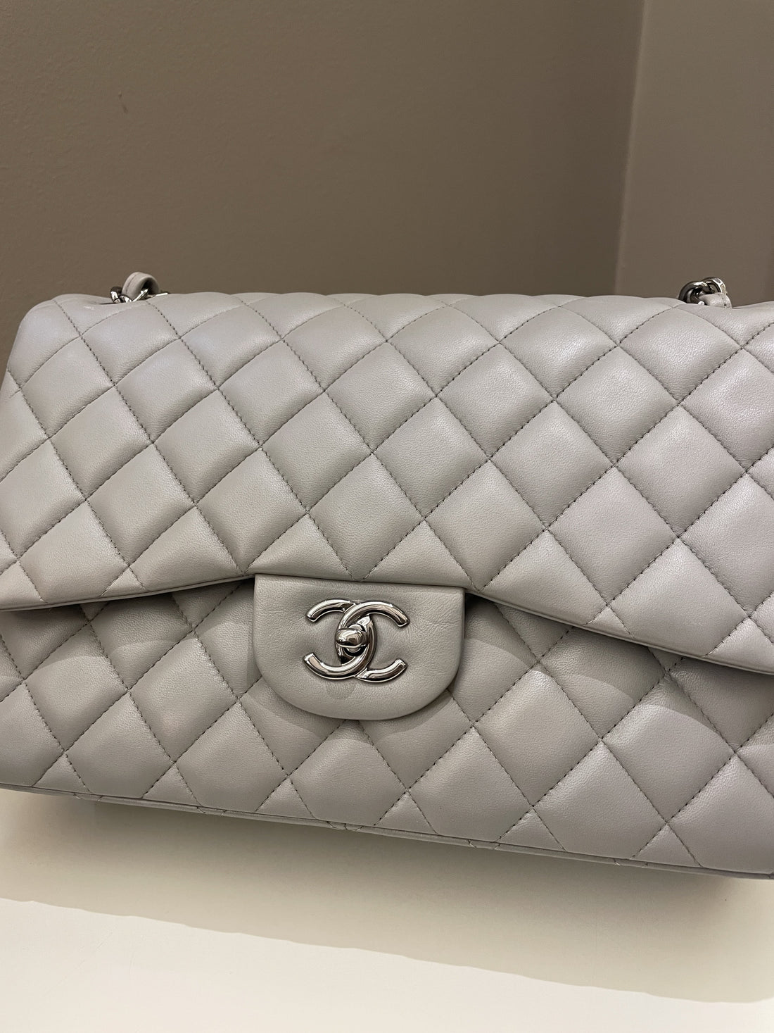 Chanel Classic Quilted Jumbo Double Flap Grey Lambskin