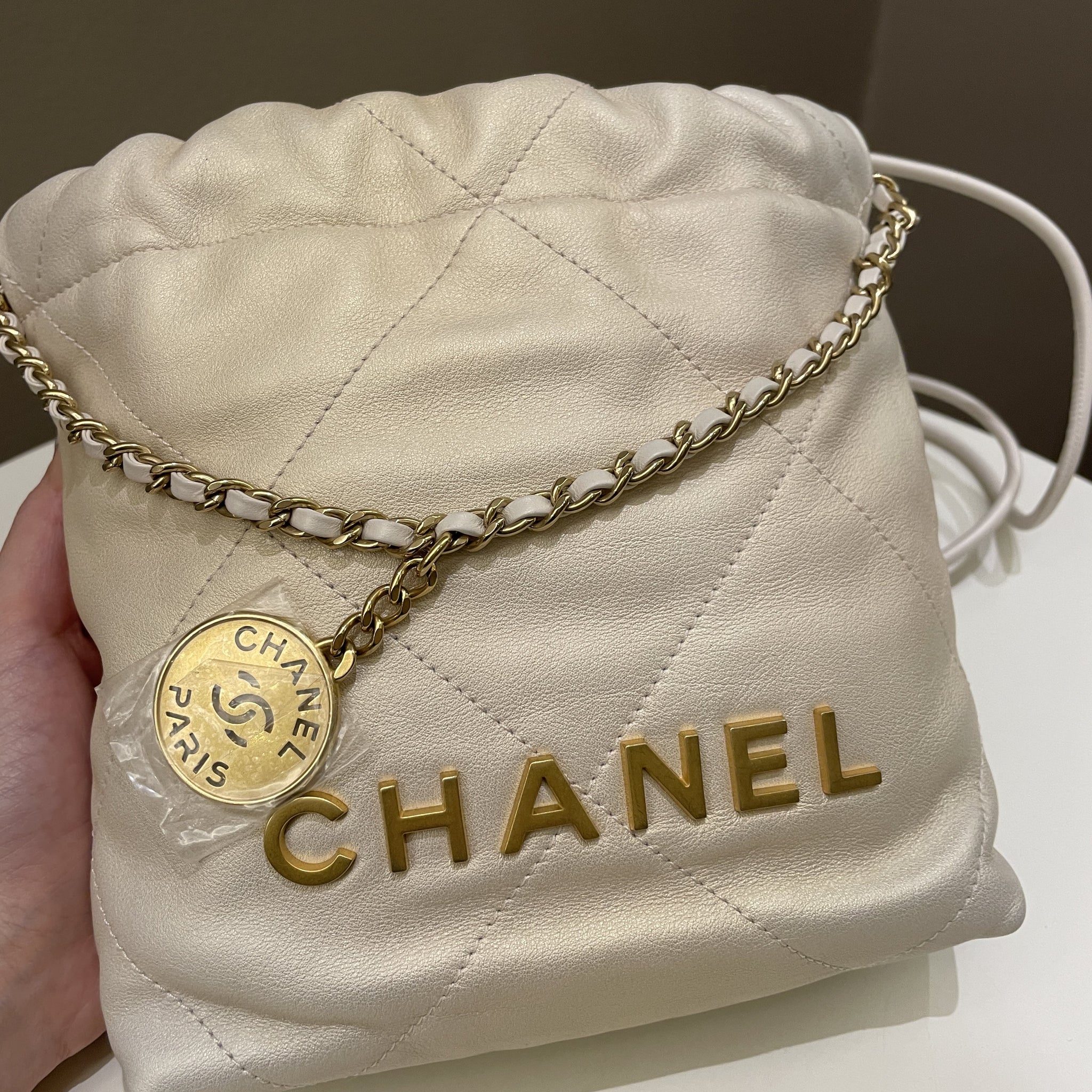 Chanel 23S Mini 22 Iridescent Ecru Calfskin