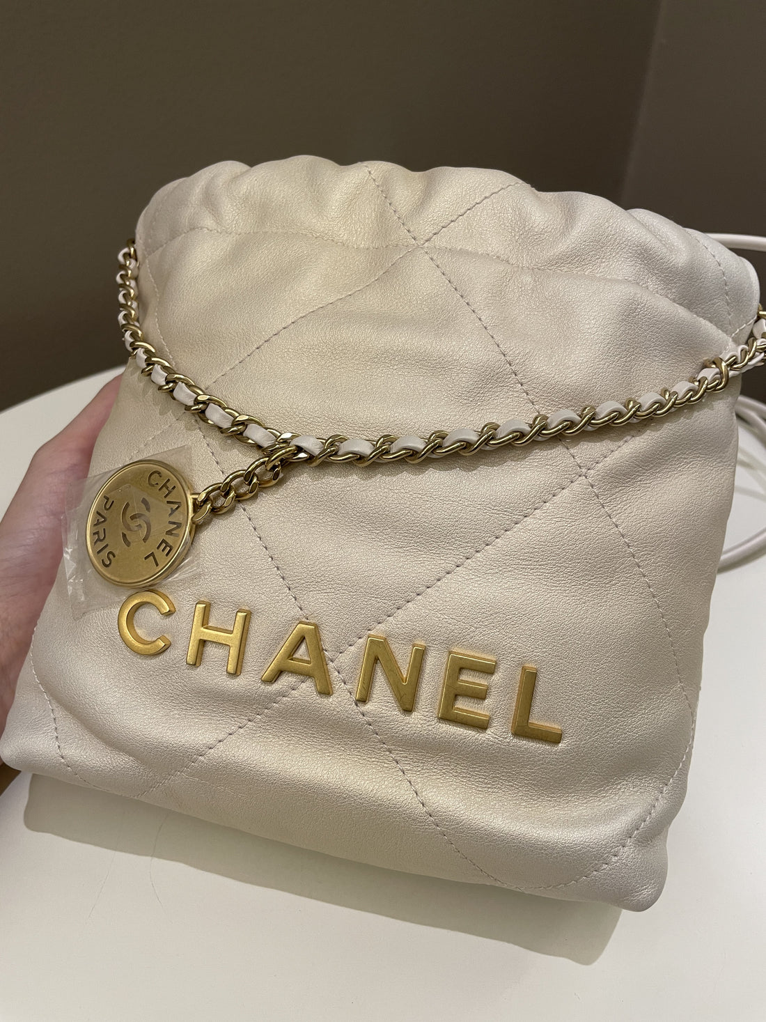 Chanel 23S Mini 22 Iridescent Ecru Calfskin
