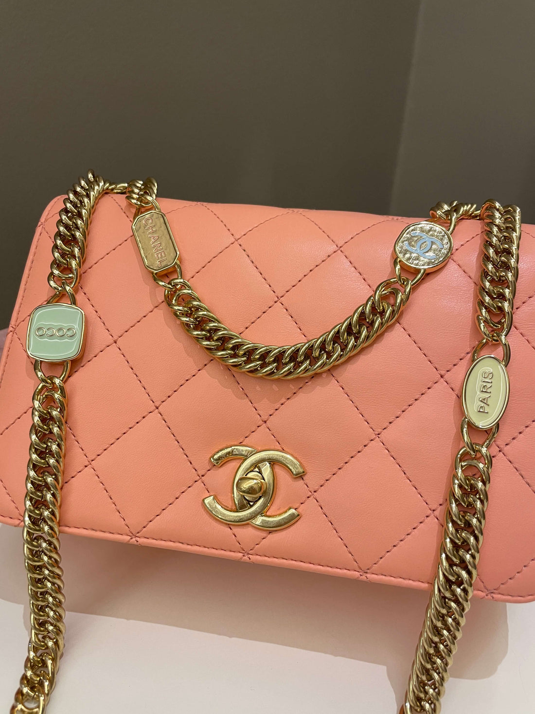 Chanel 23C Charm Chain Flap Bag Light Orange Stiff Lambskin