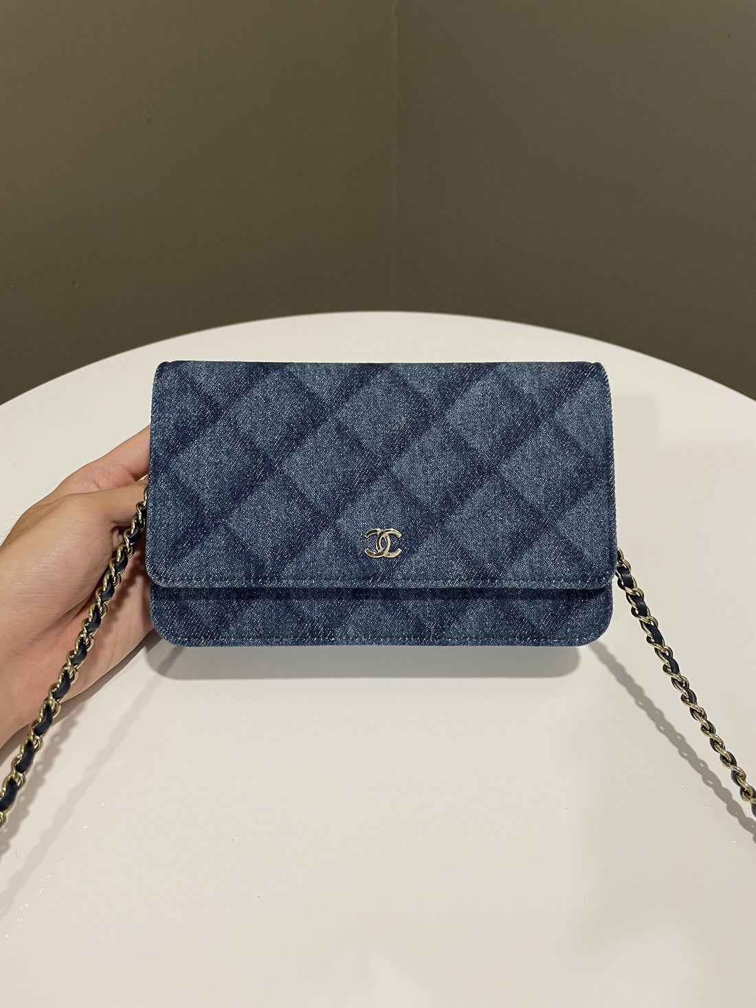 Chanel 22B Classic Quilted Wallet on Chain Blue Denim