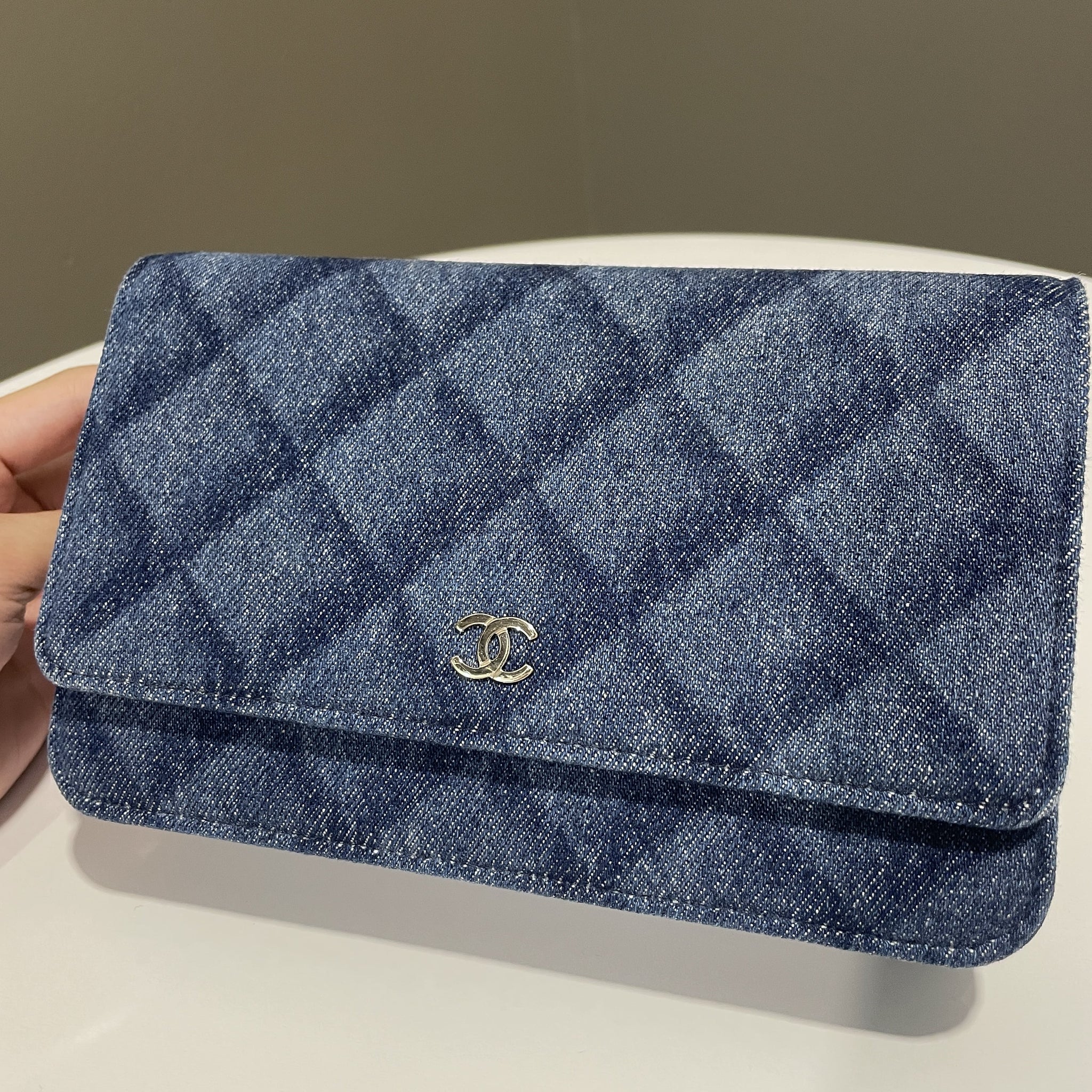 Chanel 22B Classic Quilted Wallet on Chain Blue Denim