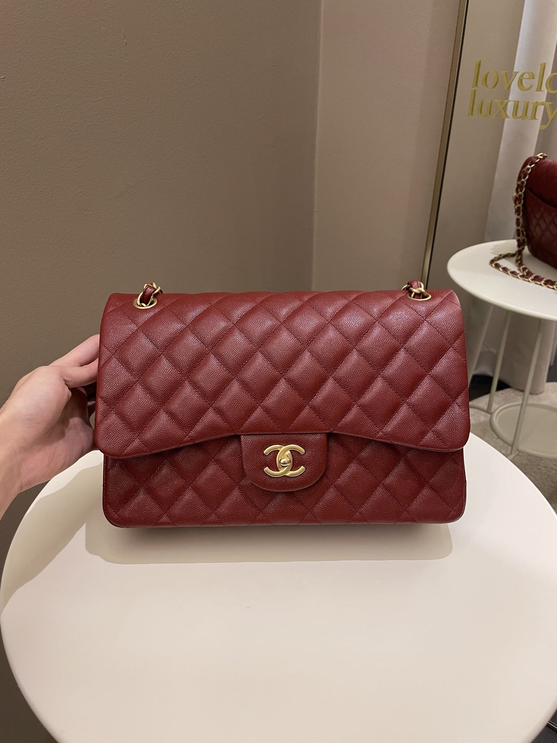 Chanel 18C Classic Quilted Jumbo Double Flap Iridescent Burgundy Caviar Leather