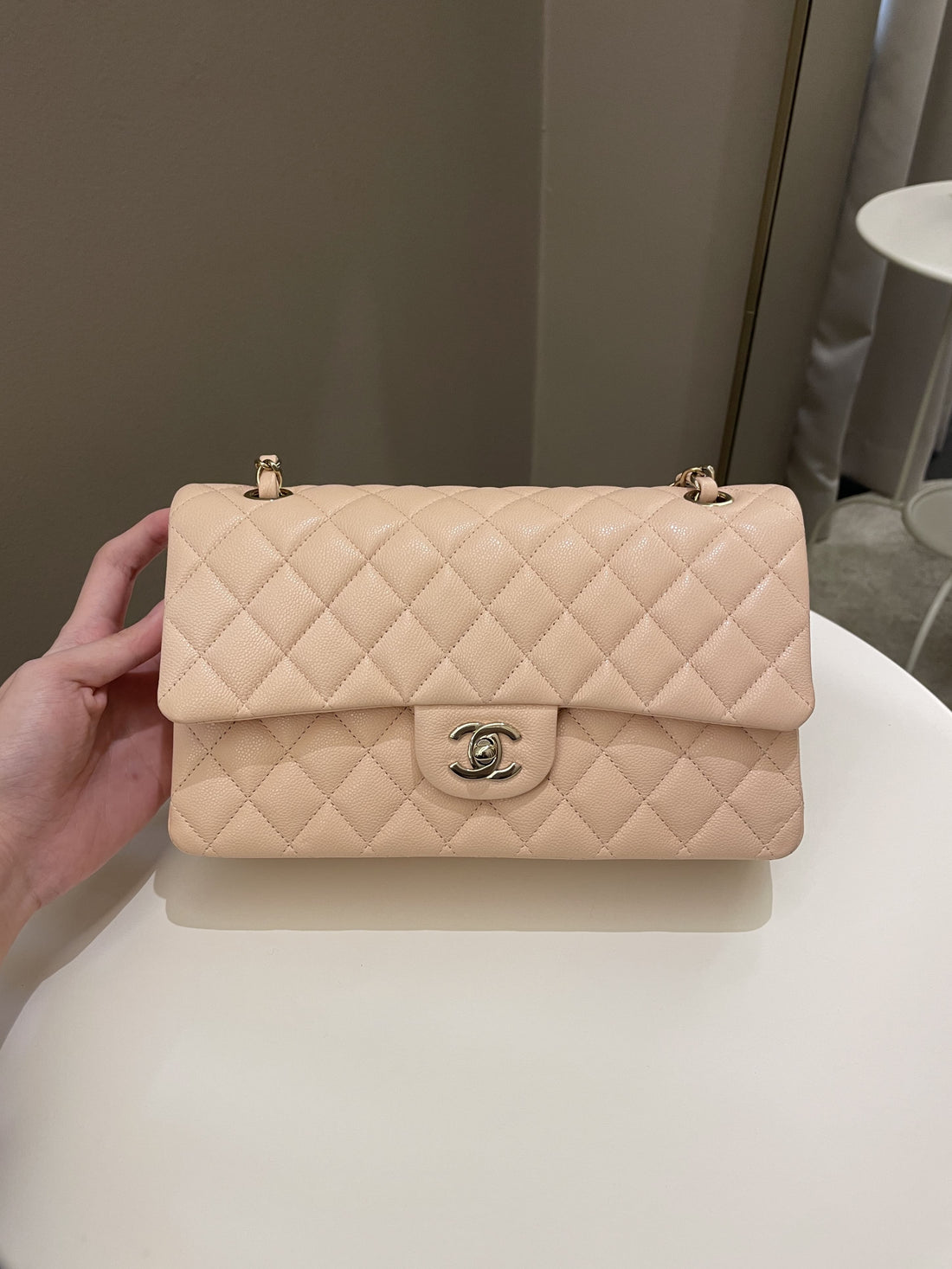 Chanel Classic Quilted Medium Double Flap Beige Peach Caviar