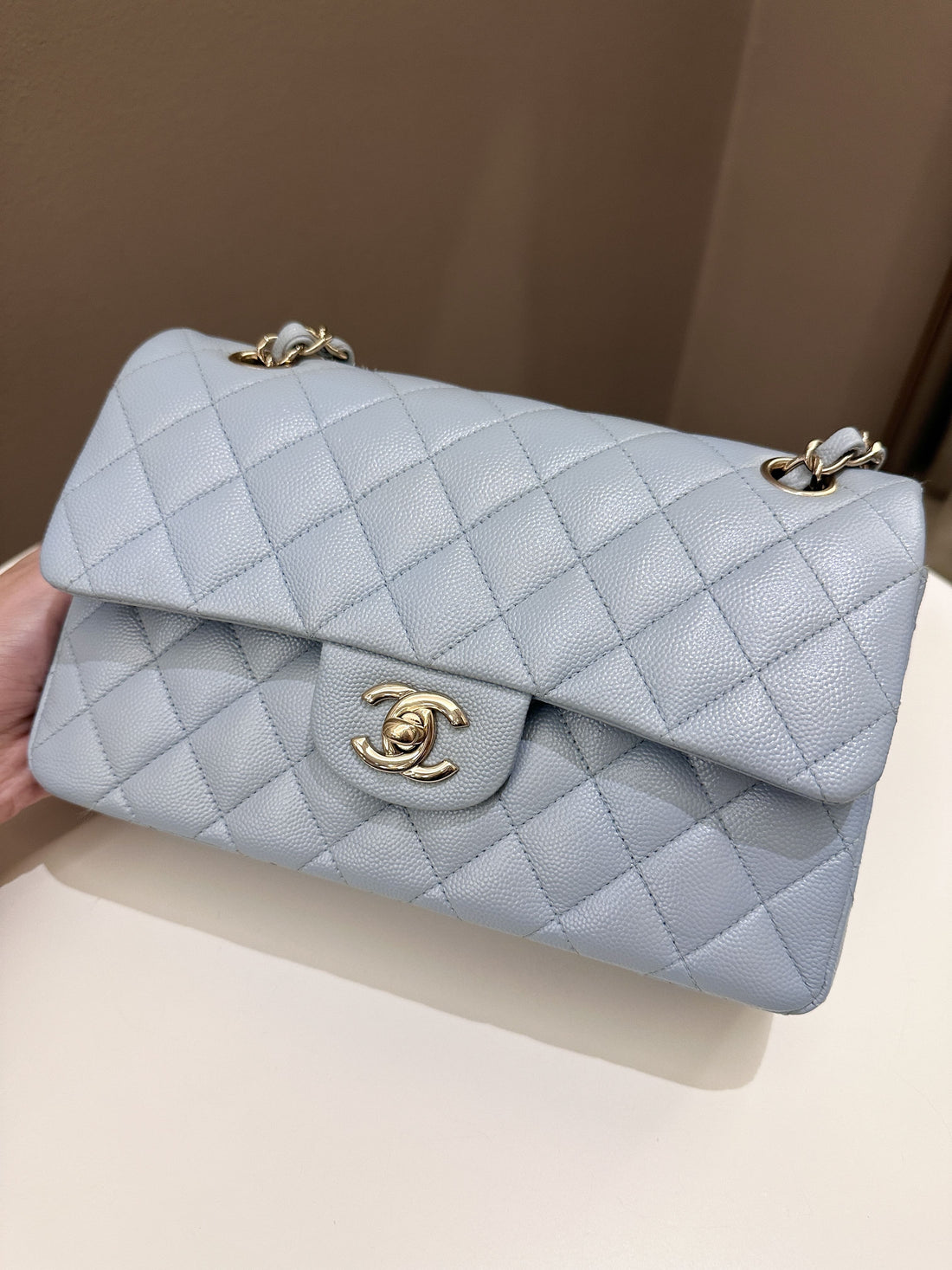 Chanel 22P Classic Quilted Small Double Flap Light Blue Caviar