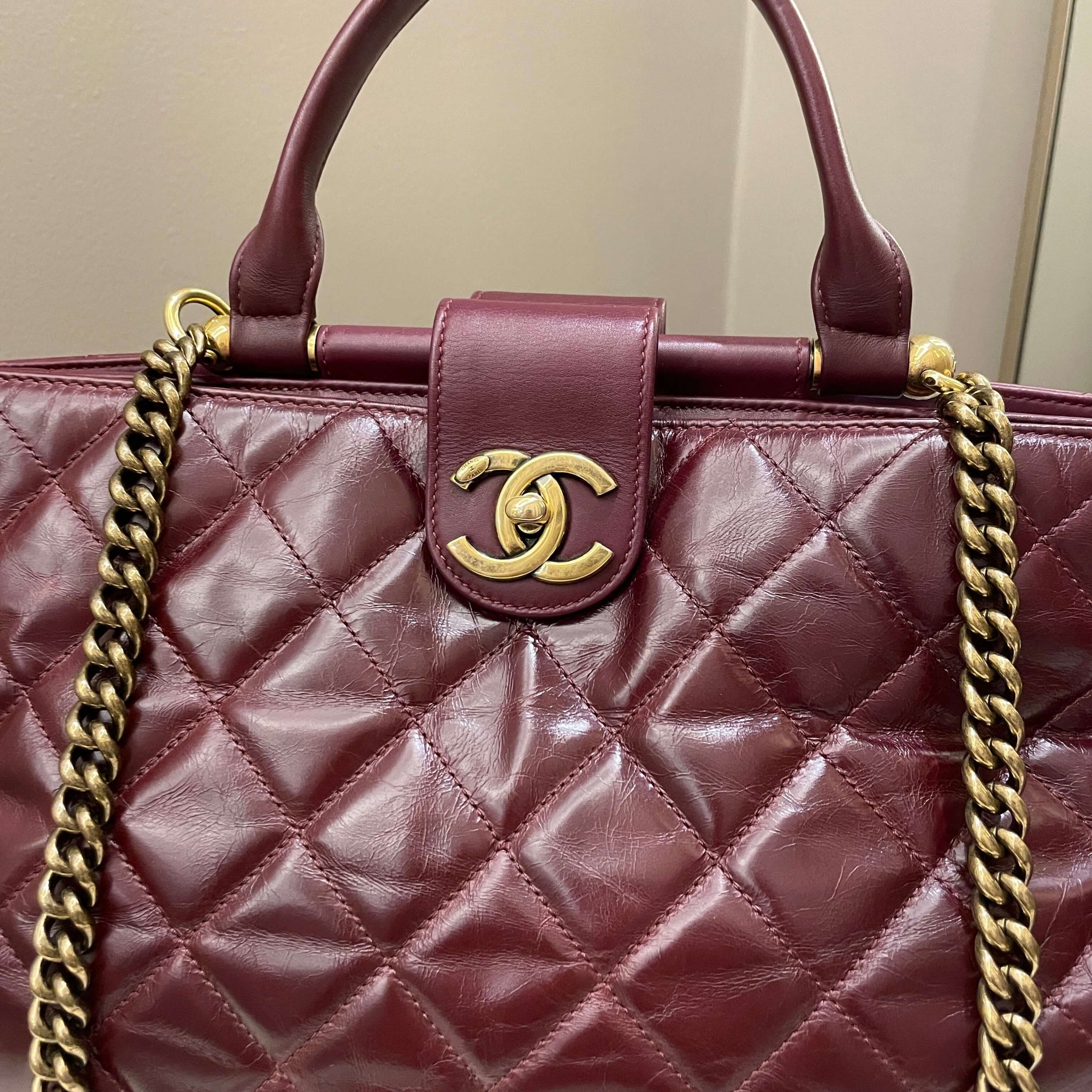Chanel Quilted CC Portobello Tote Burgundy Distressed Leather