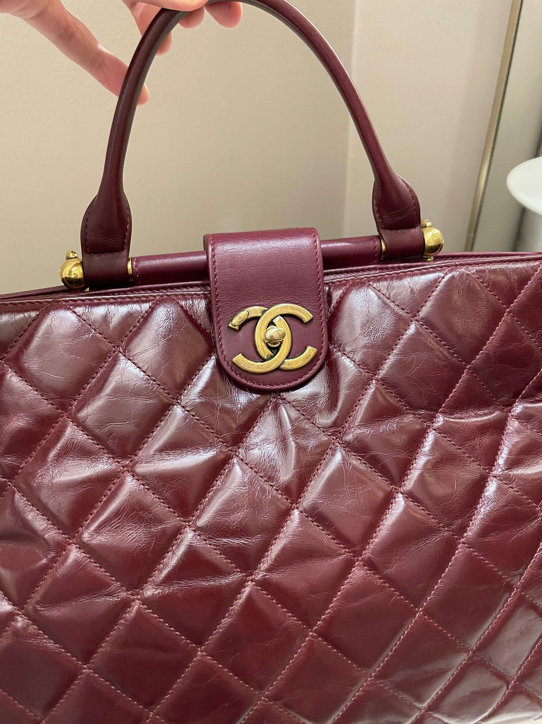 Chanel Quilted CC Portobello Tote Burgundy Distressed Leather