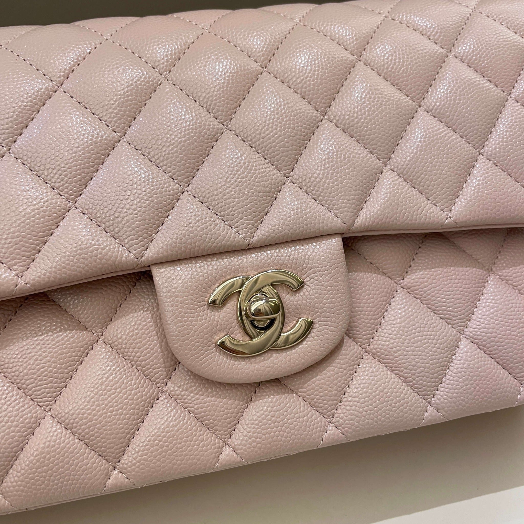 Chanel 21C Classic Quilted Medium Double Flap Rose Claire Beige Caviar