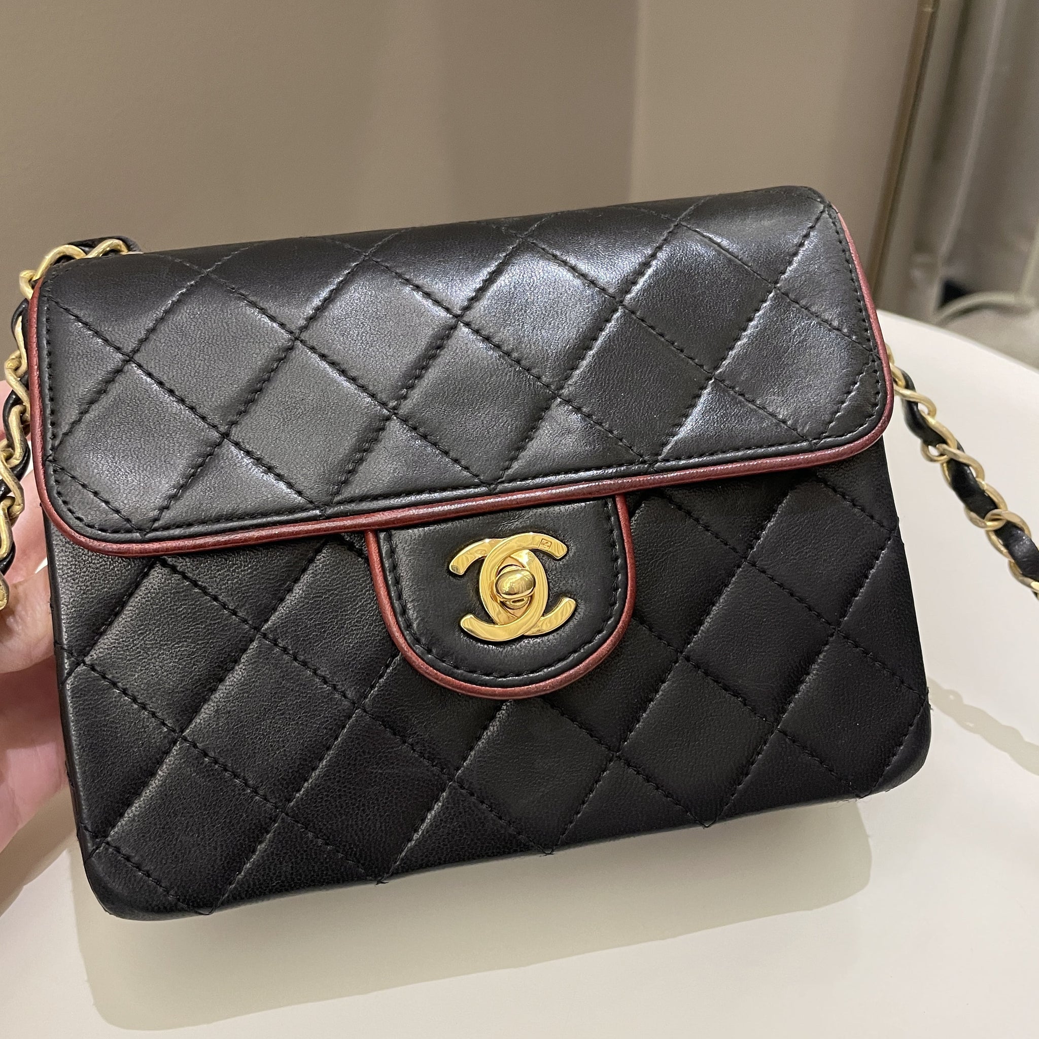 Chanel Vintage Classic Bi Tone Quilted Mini Square Black/ Red Lambskin