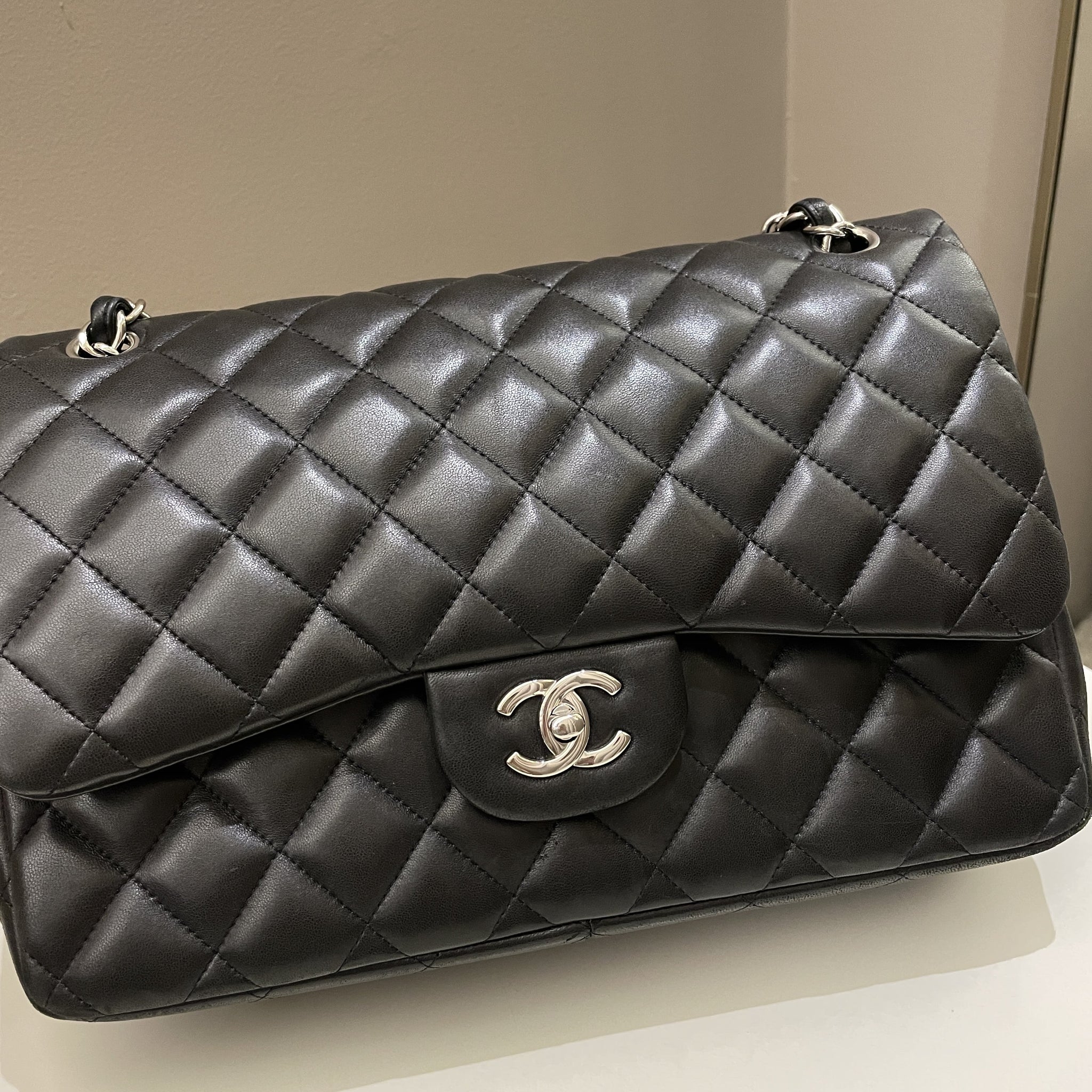 Chanel Classic Quilted Jumbo Double Flap Black Lambskin