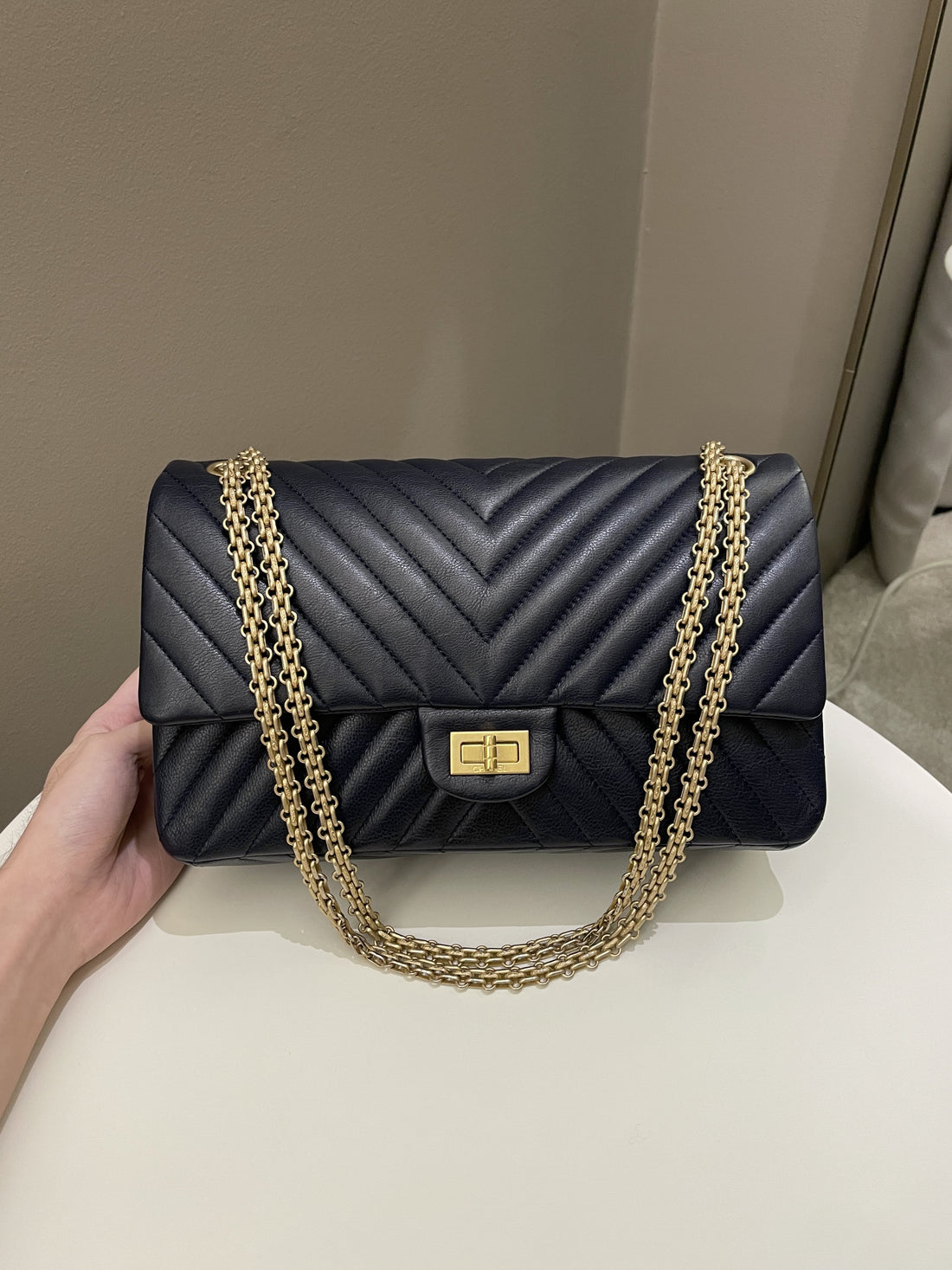 Chanel 2.55 227 Chevron Reissue Double Flap Dark Navy