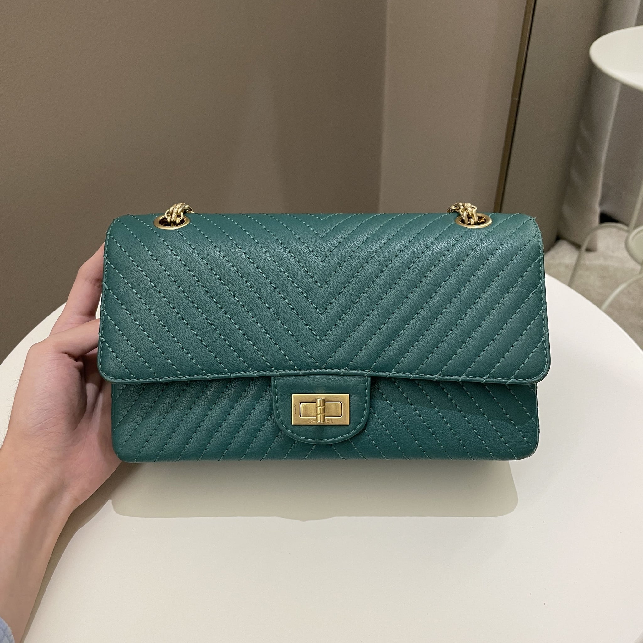 Chanel 2.55 225 Chevron Reissue Double Flap Emerald Calfskin