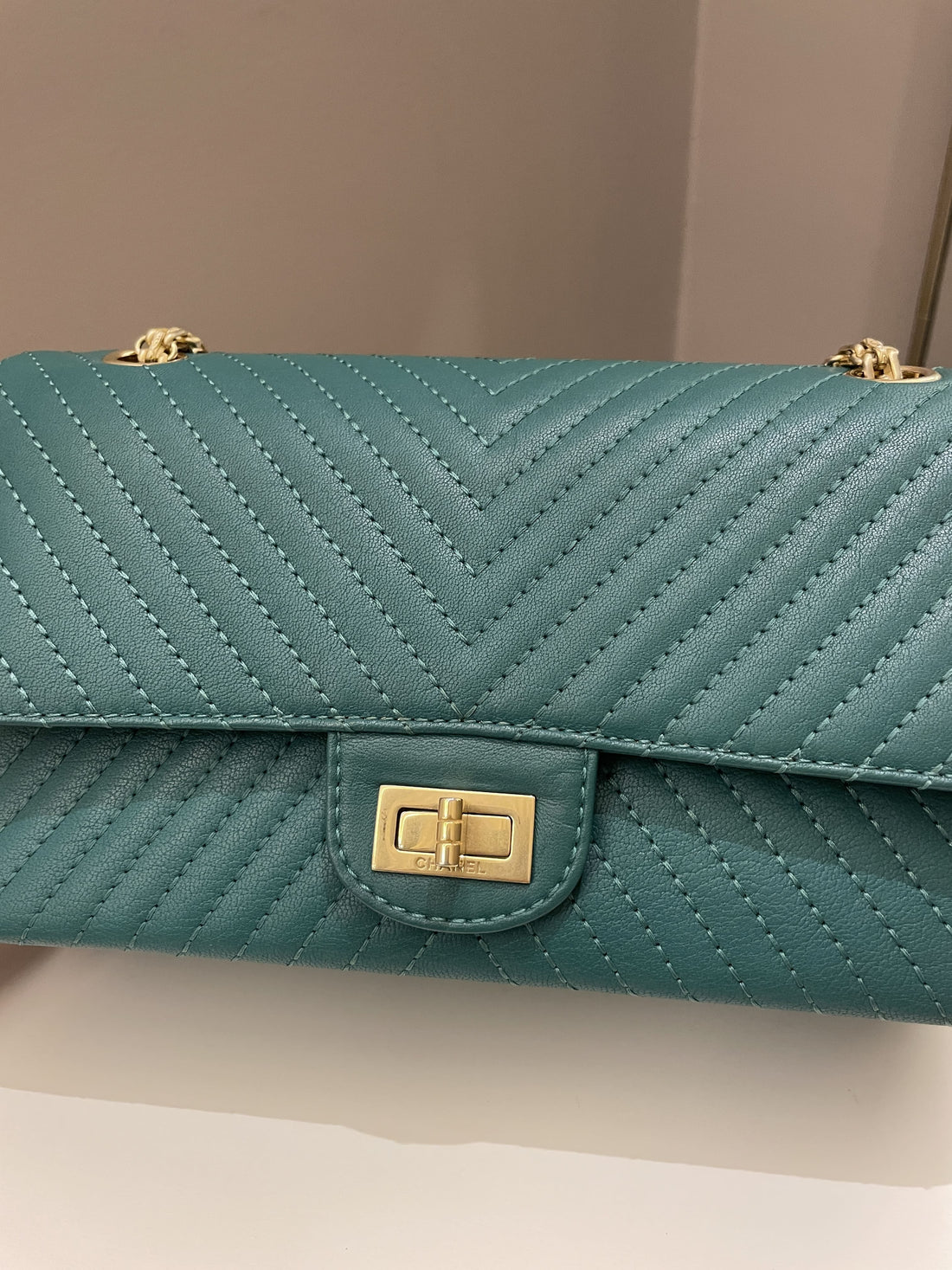 Chanel 2.55 225 Chevron Reissue Double Flap Emerald Calfskin