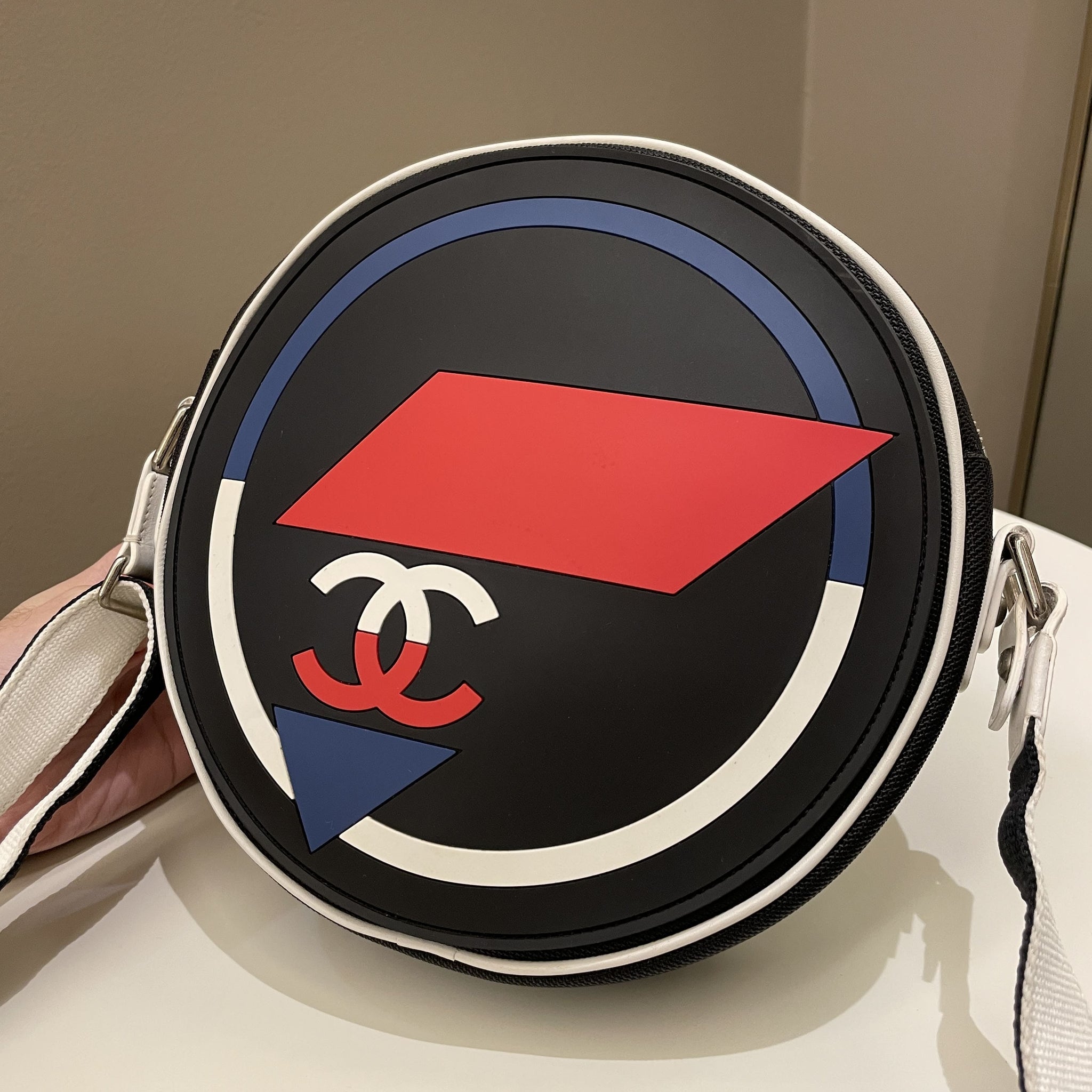 Chanel Airlines Round Crossbody Bag Black, Blue, Red, White Canvas and Rubber