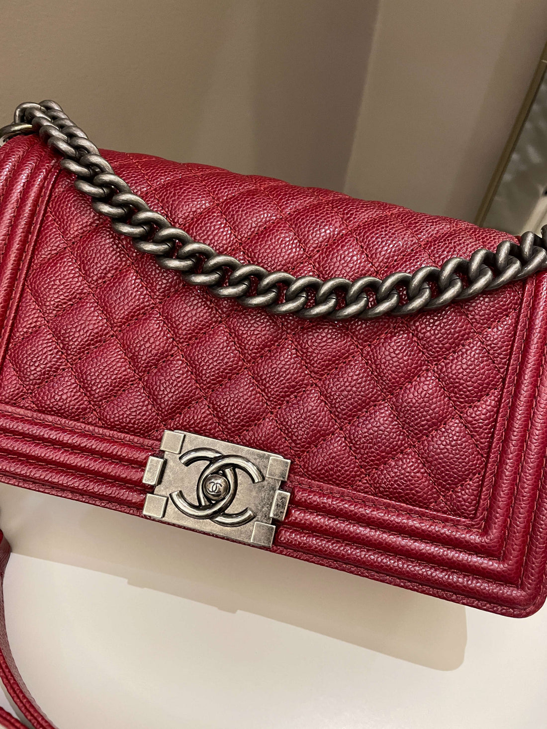 Chanel 14B Quilted Boy Old Medium Deep Red Rigid Caviar