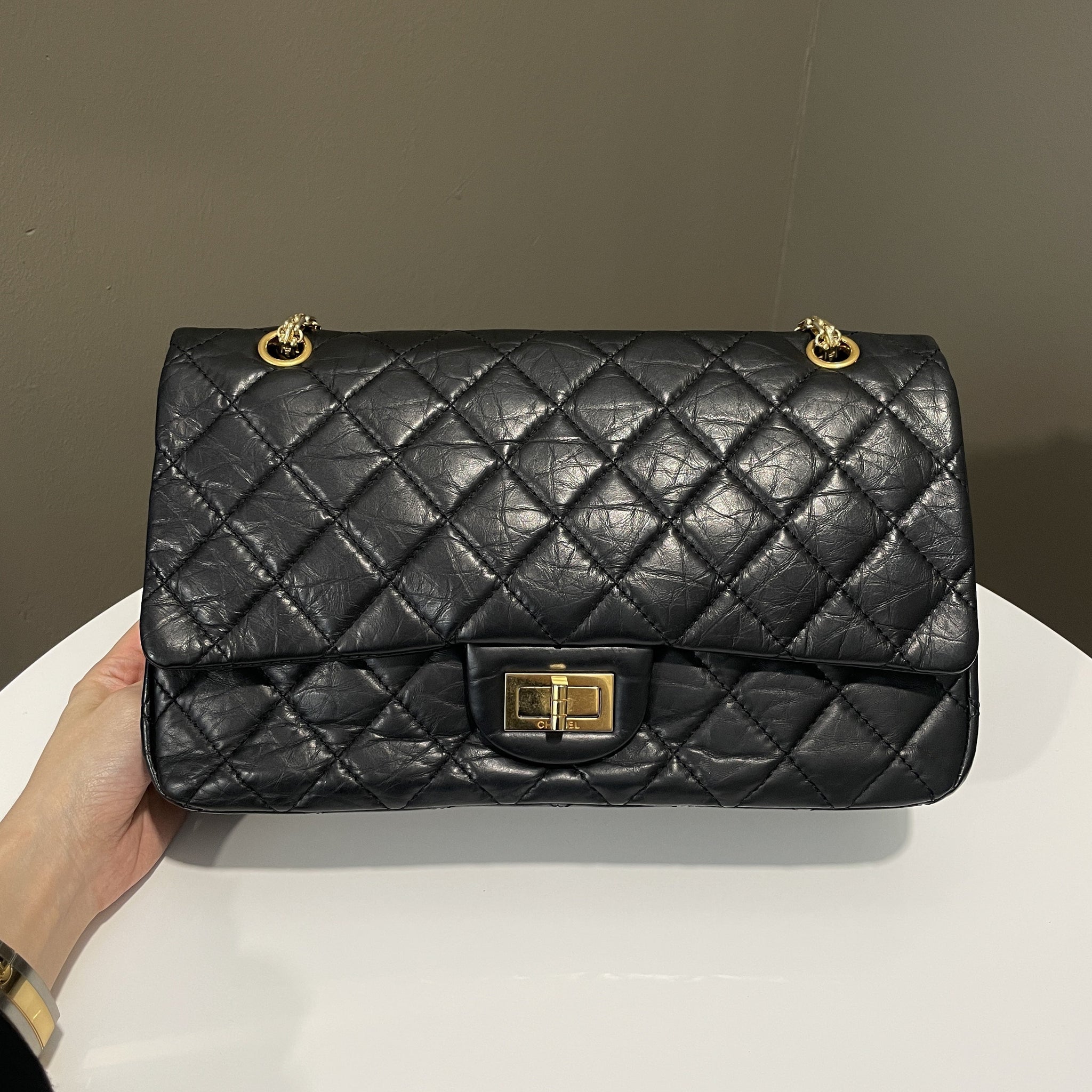 Chanel 2.55 227 Quilted Reissue Double Flap Black Aged Calfskin