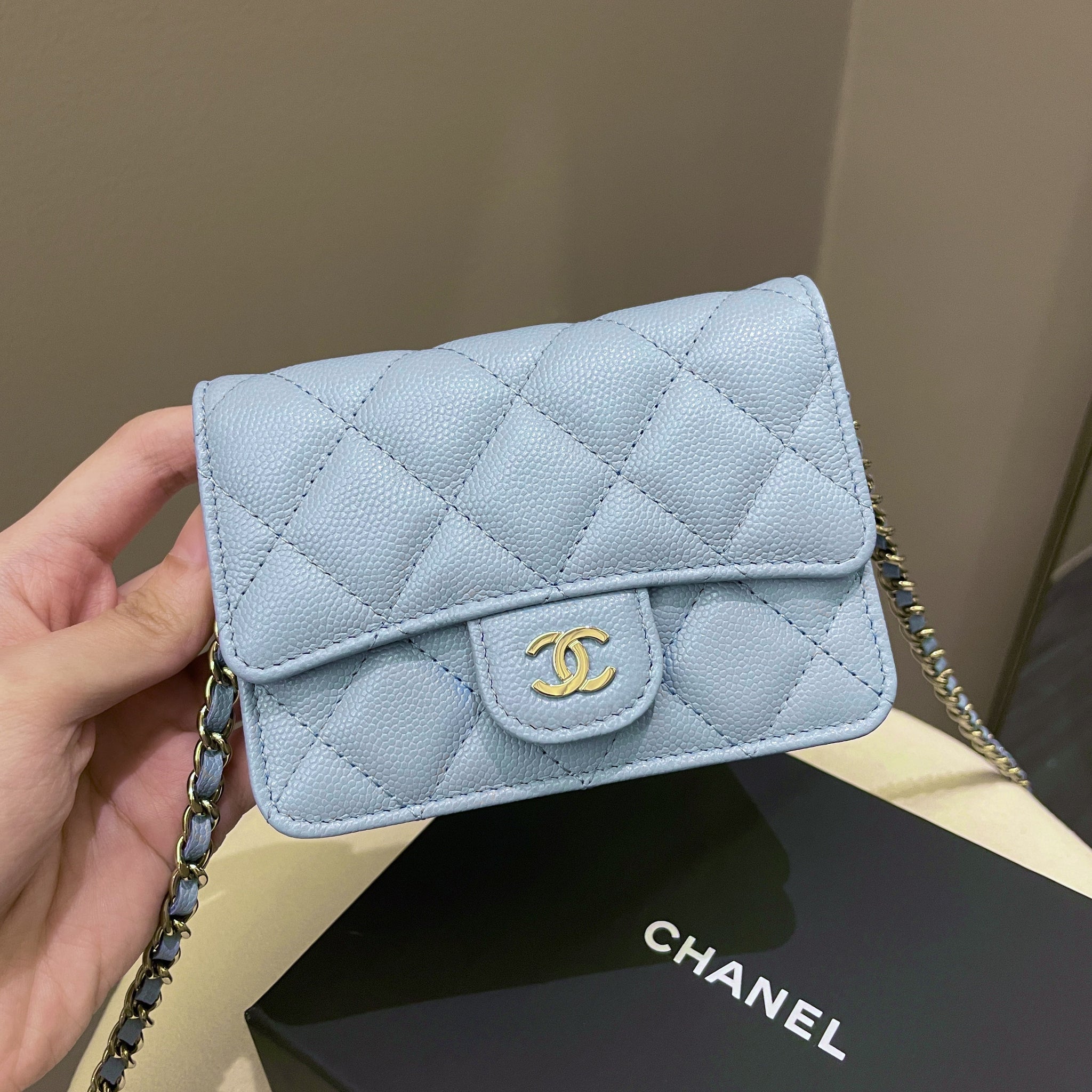 Chanel Quilted Clutch On Chain Blue Caviar