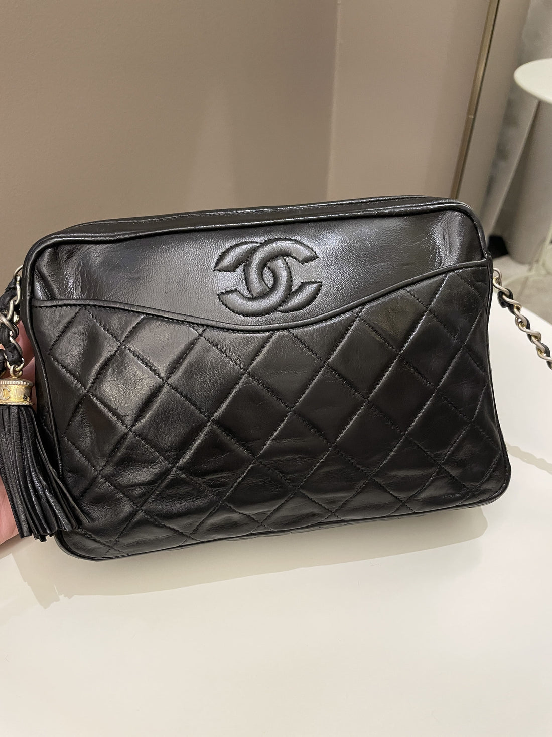 ??Chanel Vintage Camera Bag Tassle Black Lambskin