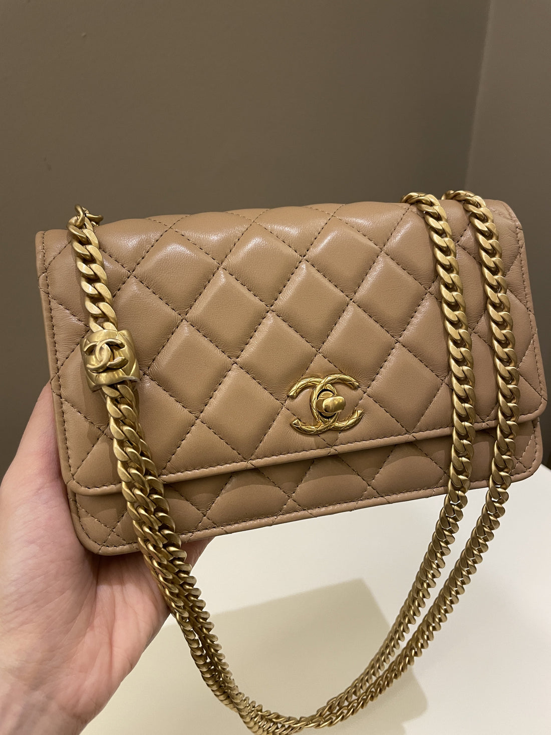 Chanel 22K Pearl Crush Wallet On Chain Dark Beige Lambskin
