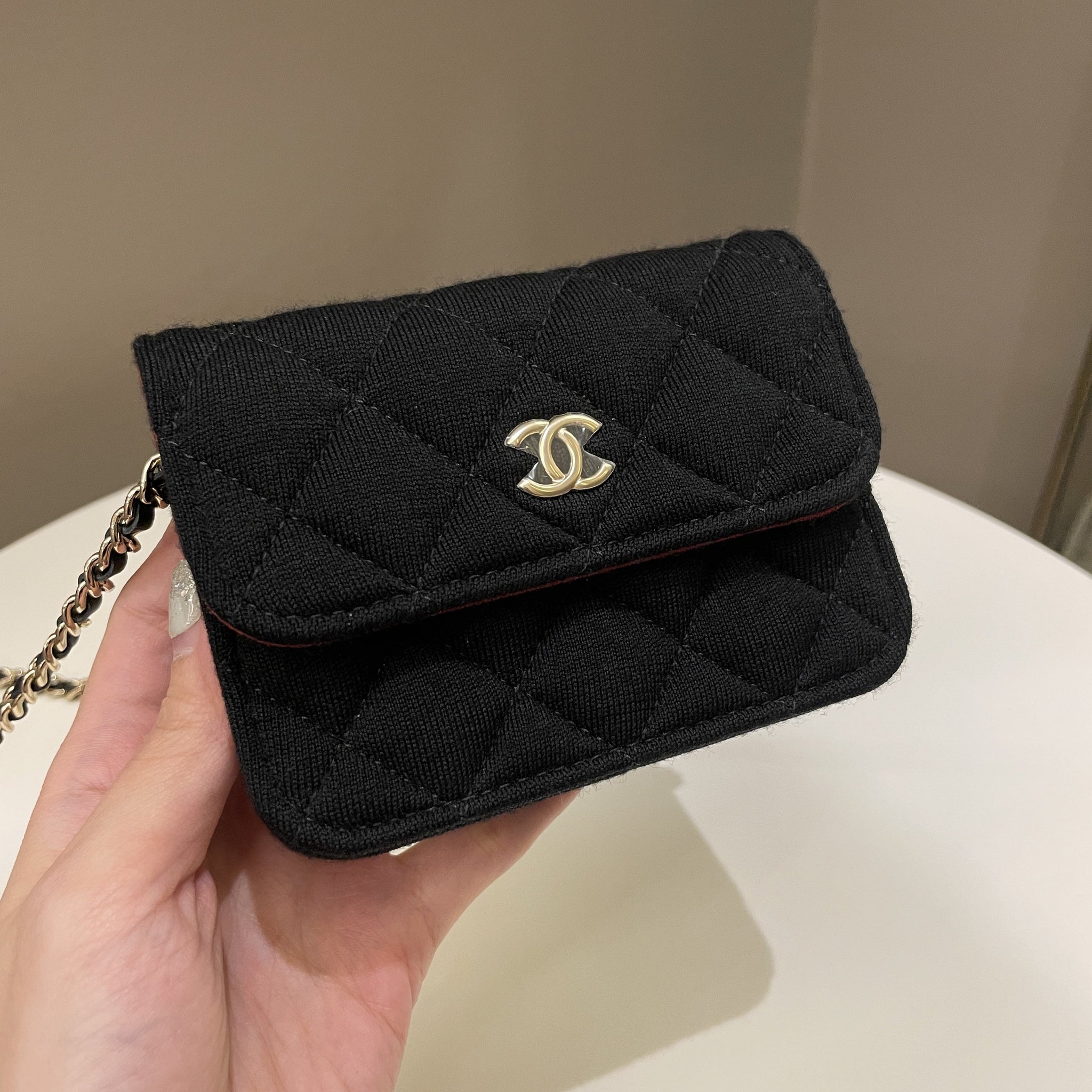 Chanel 23C Quilted VIP Clutch On Chain Black Jersey/ Red Interior
